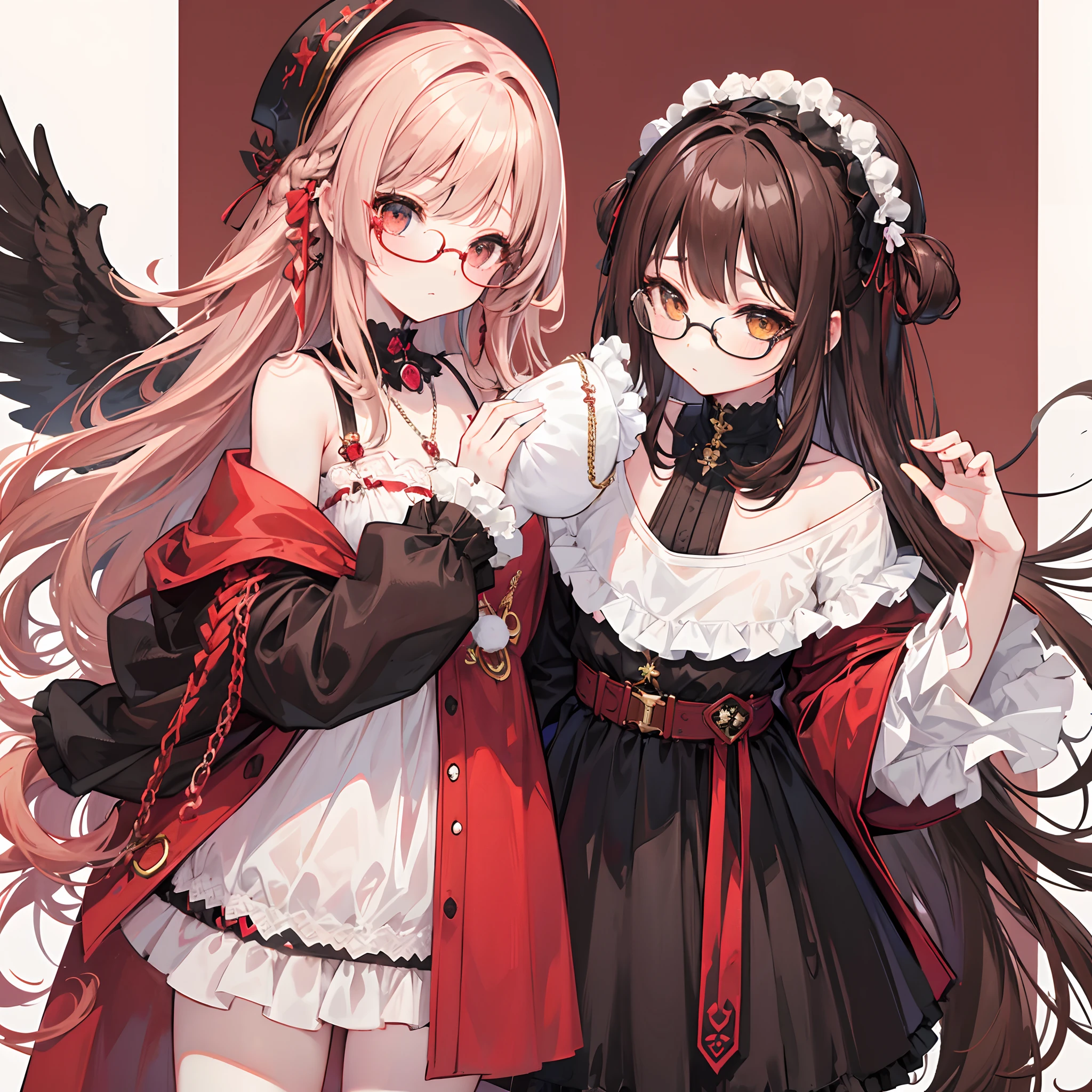 Light pale reddish brown braided hair,With thick black-framed glasses,The eyes are very affectionate,With a cute black ring necklace,brown pubic fur、Red and yellow、Lolita clothes in white color,The face is shiny and super tender,is a petite cute little sweet girl,Super super tender sweet girl