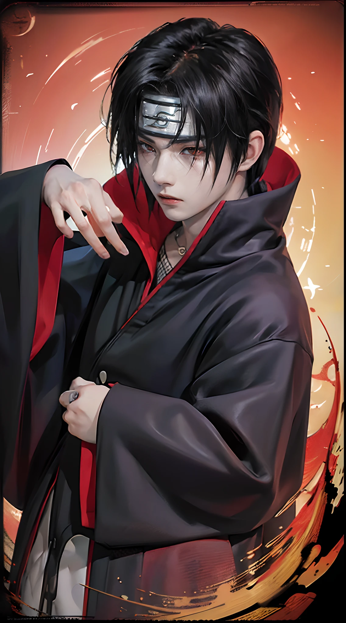 ((4K works))、masterpiece、(top-quality)、((high-level image quality))、((One Manly Boy))、Slim body、((Date Cosplay))、((Uchiha Itachi))、((Cosplay))、(Detailed beautiful eyes)、((Smaller face))、((Neutral face))、((Red Eyes))、((18year old))、((Handsome man))、((photo of a model))、((Like a celebrity))、Professional Photos、((cosplay foto))、((Shot alone))、((shot from a side angle))、((Naruto's Akatsuki Costume))、((Shinobi Pose))