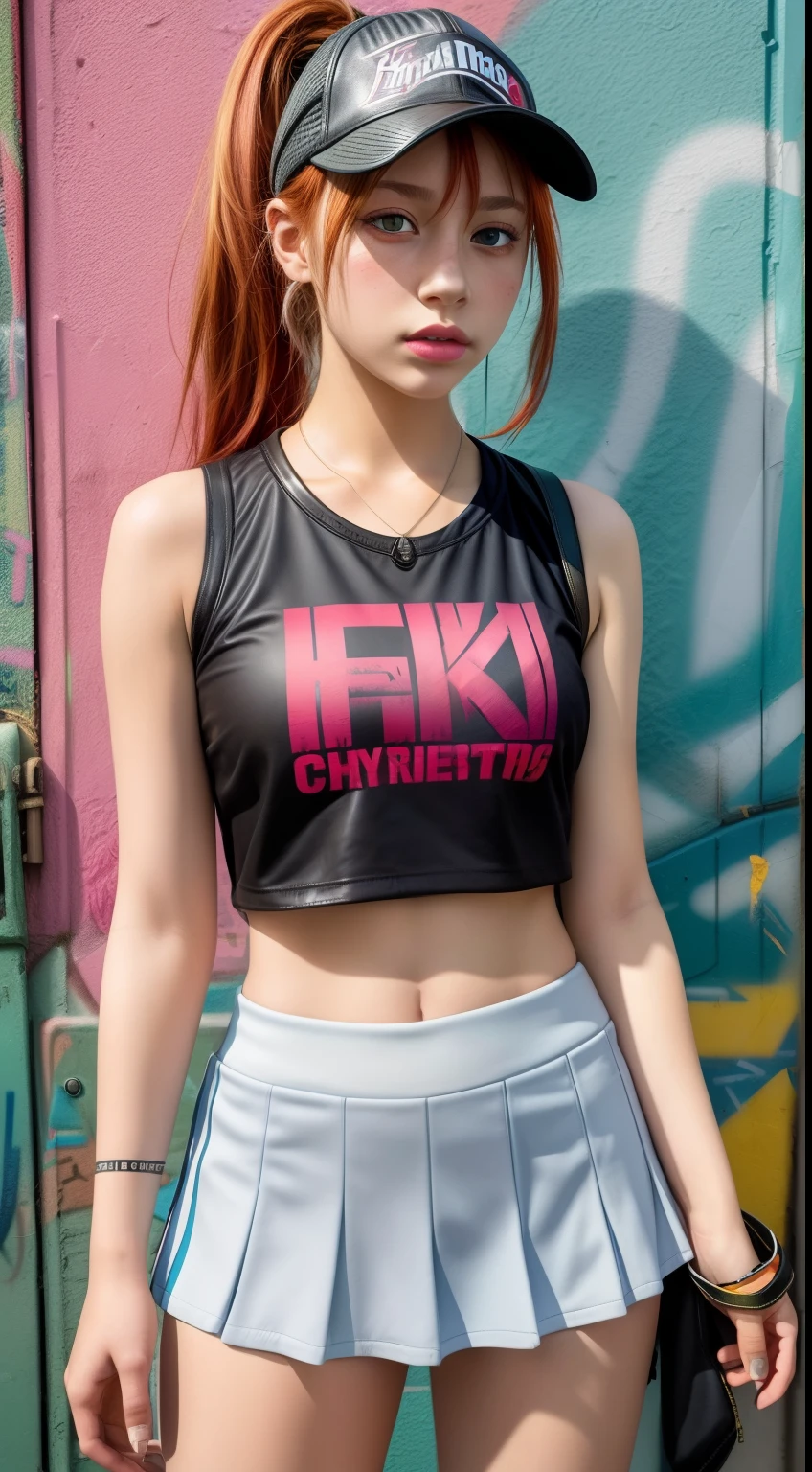 (best quality), masterpiece, extremely detailed CG uniform 8K illustration, high color, extremely high color saturation, all color deepening, paint, graffiti art, central composition, extremely detailed light and shadow, graffiti wall, 1 girl graffiti 1 girl looking at the wall, extremely detailed face and eyes, imperial red middle length hair, imperial red hair, imperial red, sportswear, colored clouds, crop top, leather skirt, bad girl, midshot, centered image, in a highway cybertown, tennis cap, ponytail, handwrist