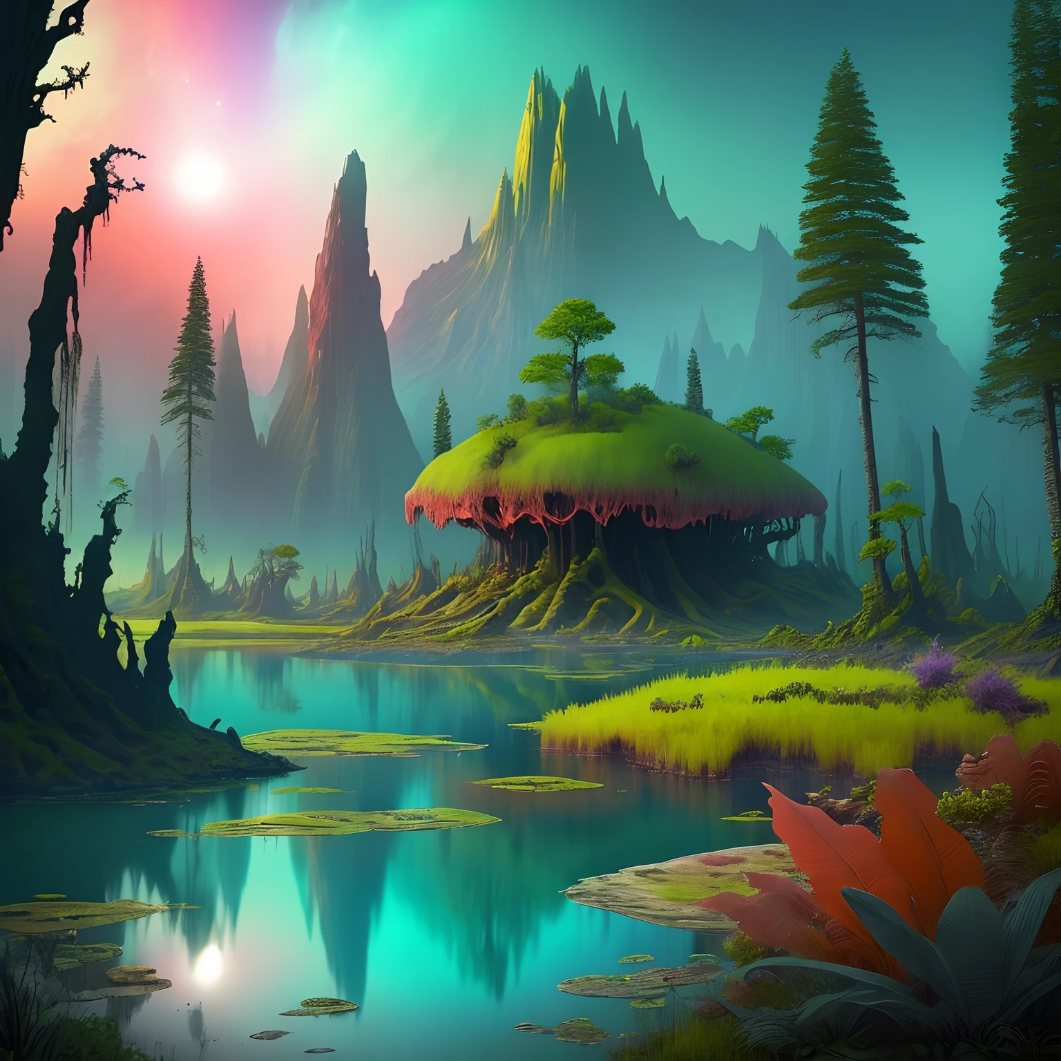 Alien planet, scenic, swampy, fauna, magical colors, scenery, vacation venue