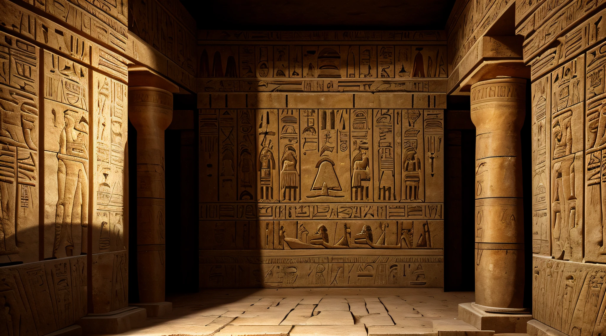 An image of the ancient hieroglyphics and inscriptions found inside the pyramids, highlighting the Egyptian writing and art engraved on the interior walls.