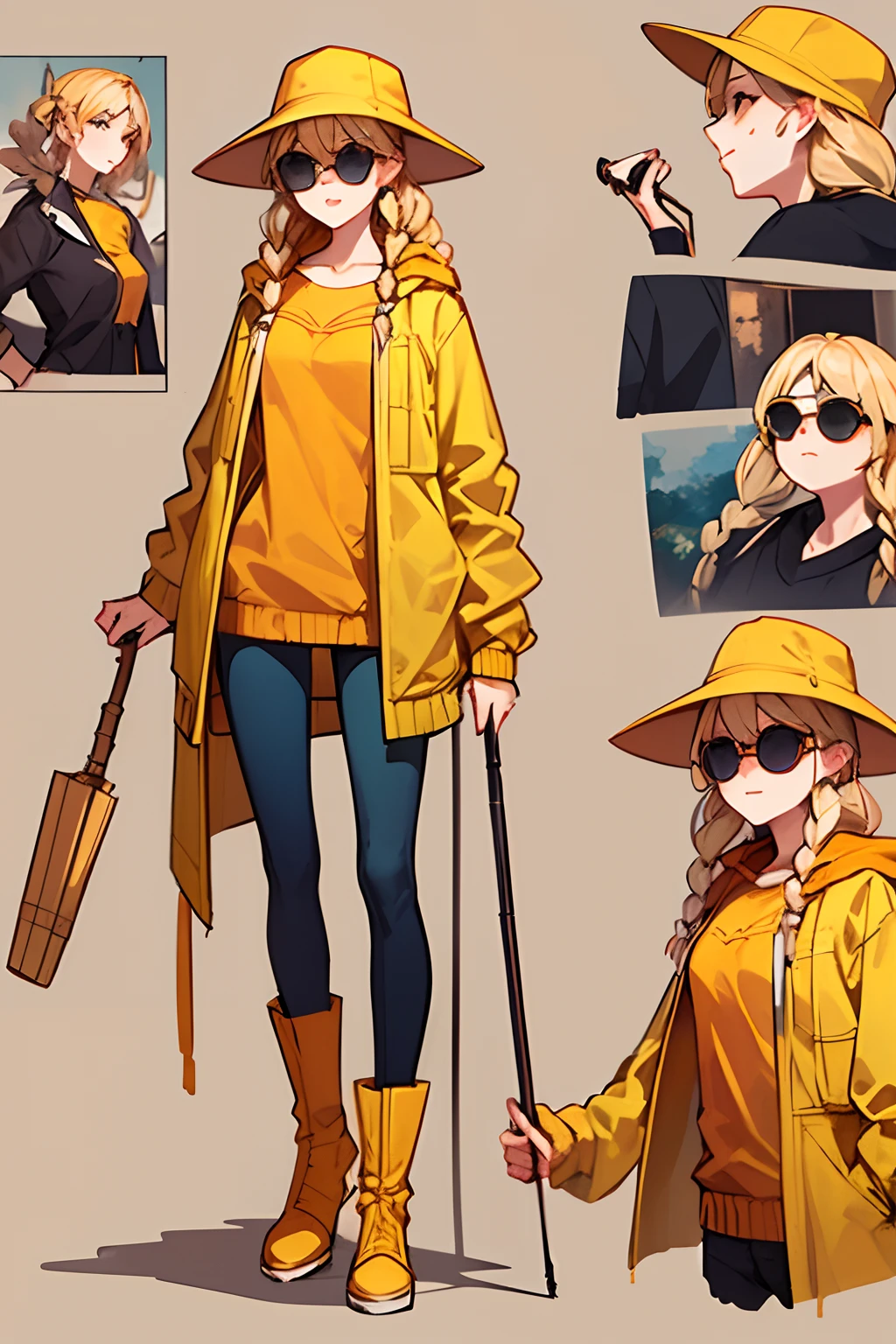 Character sheet of a female character, wearing a yellow raincoat, orange tinted sunglasses, yellow hat, blonde hair in twin braids, yellow boots and holding a cane