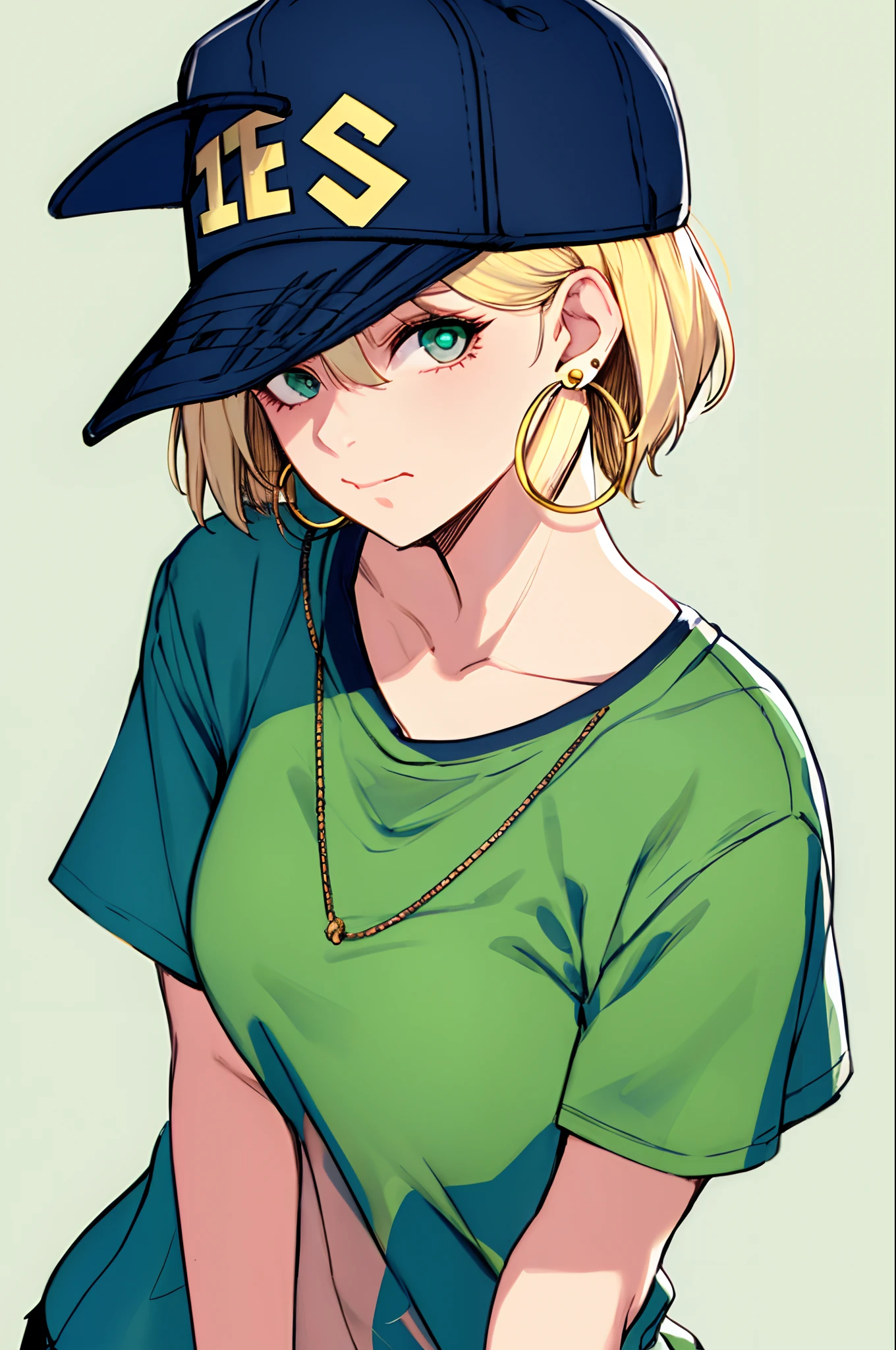 neoartcore, 1girl, masterpiece, best quality, 1girl, aqua eyes, baseball cap, blonde hair, closed mouth, earrings, green background, hat, hoop earrings, jewelry, looking at viewer, shirt, short hair, simple background, solo, upper body, yellow shirt