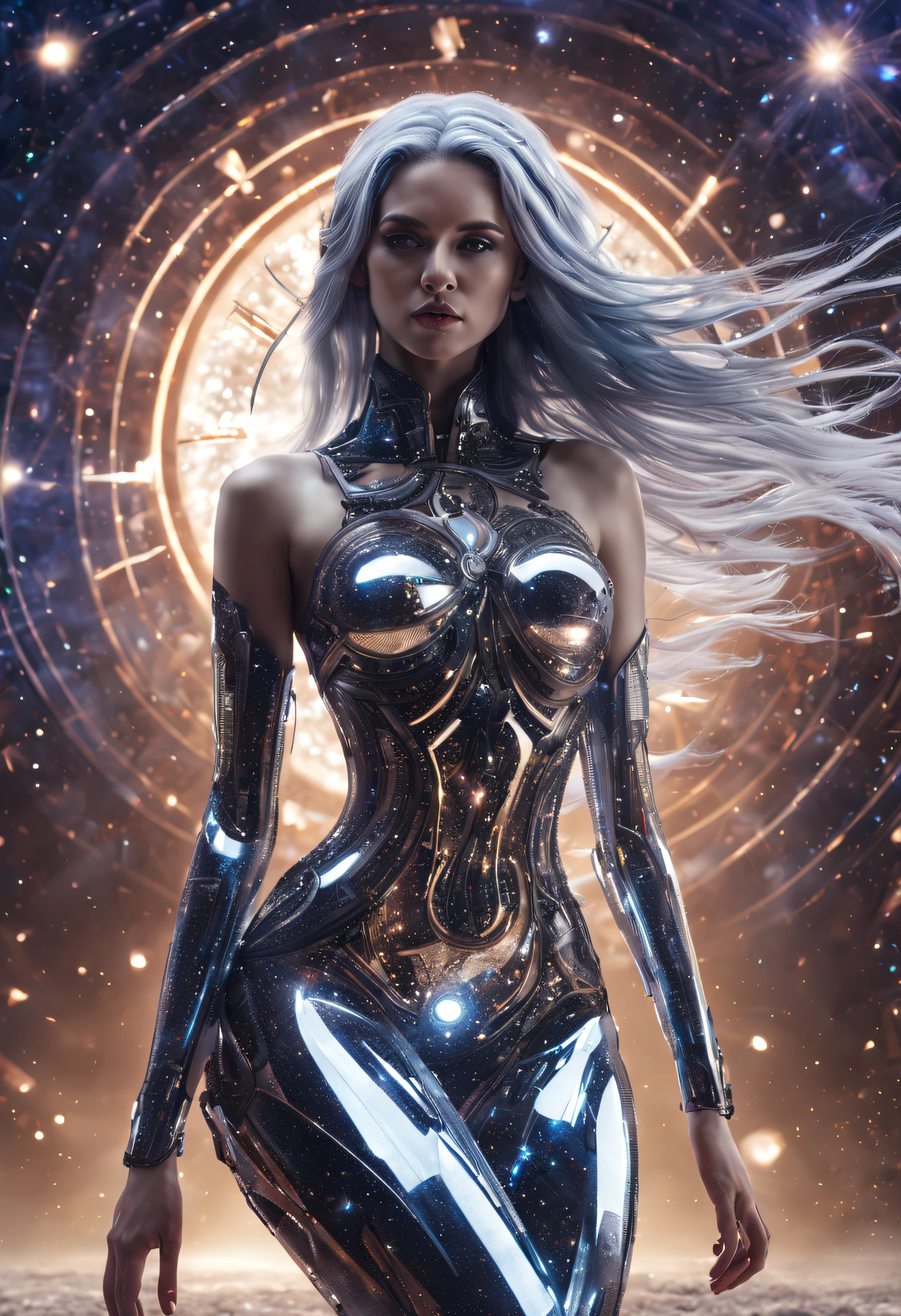 studio photo, beautiful woman perfect body half robotic half metal with iridescent black shimmering hair, standing alone, particles in the air, god rays, stars in the background, intricate fractals, detailed, (illustration) fragreality tech, universe, scifi, shattered warped reality , refractions, space time , clock, giga woman, silver glowing hair , strange fantasy image, odd glowing rocks, beautiful, detailed, long flowing hair, medium breasts, great skin texture