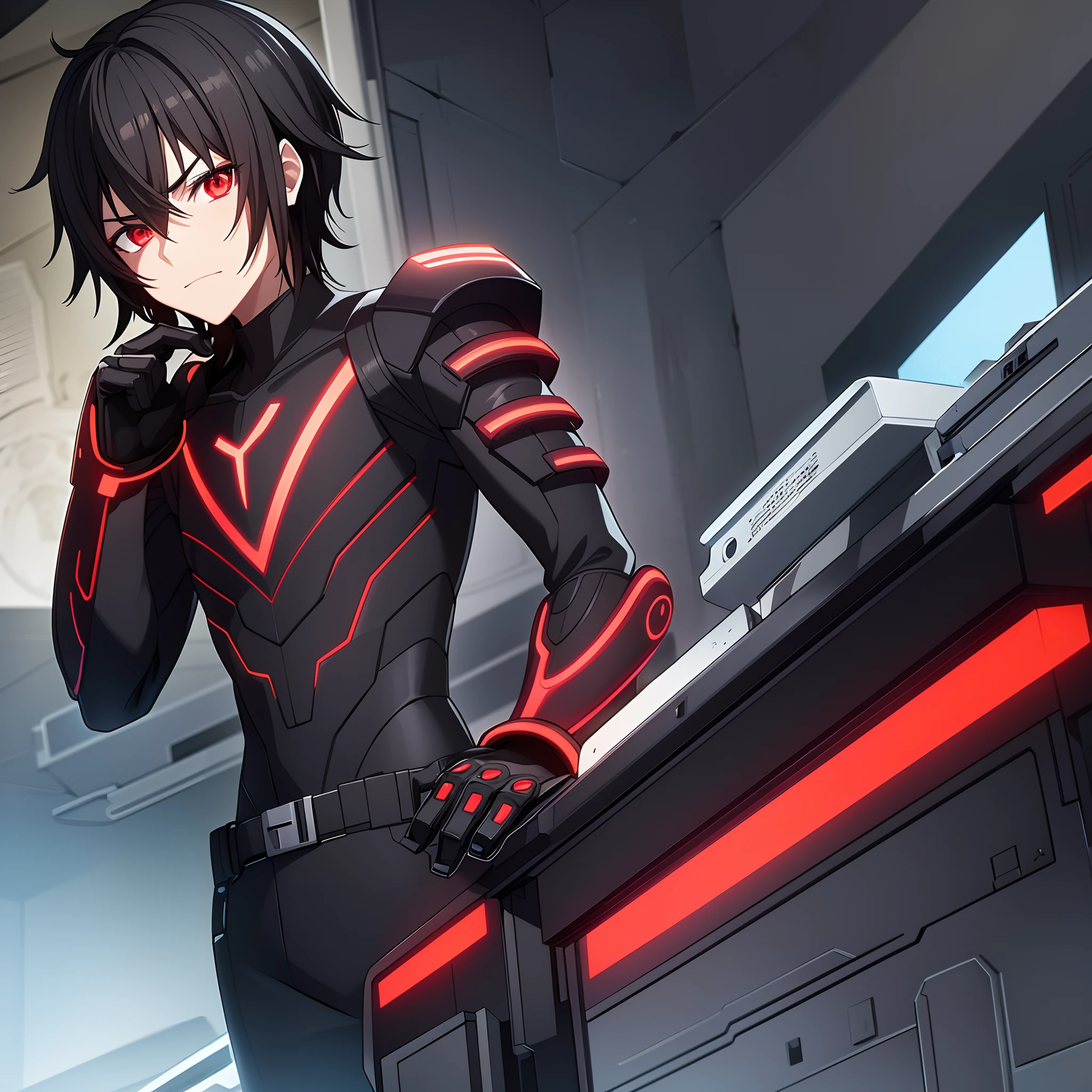 Older teenage male, black hair, part android, evil, glitchy, red eyes