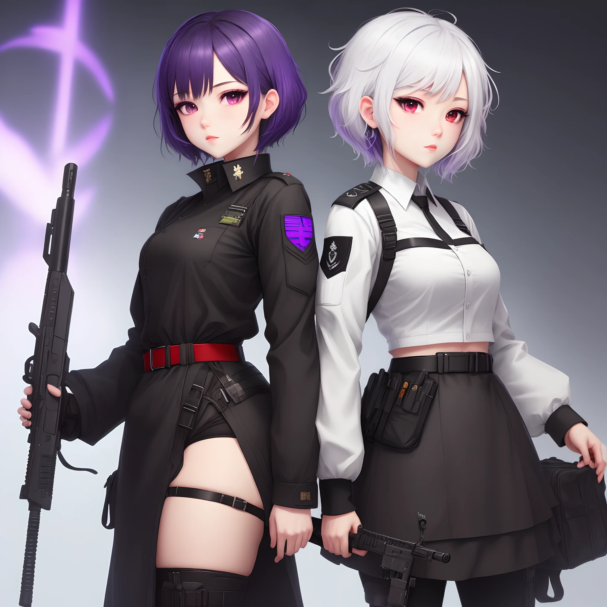 Make a waifu with the military style and the colors black and purple put on his short white hair and hold a weapon