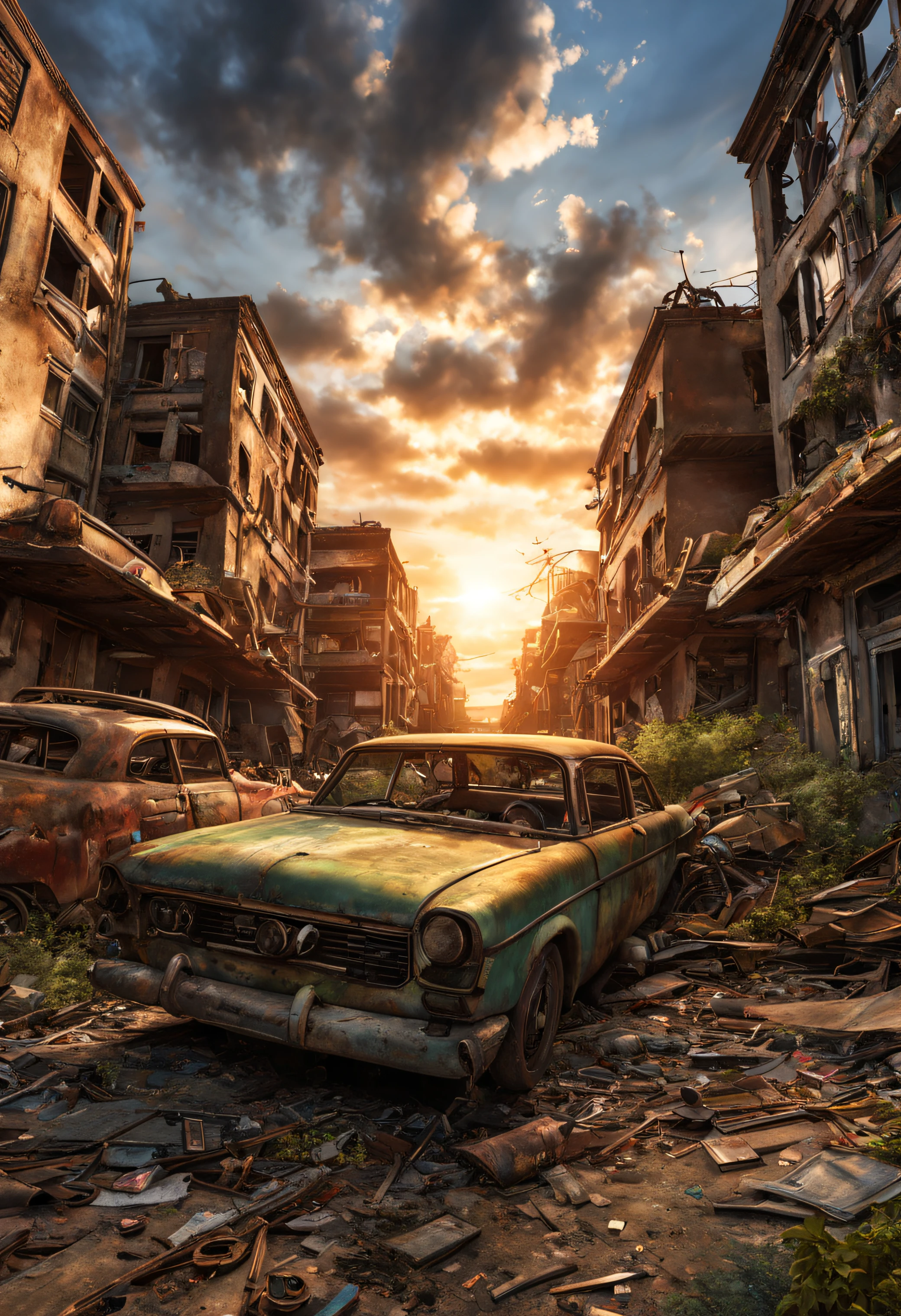 (best quality, HDR, ultra-detailed, realistic:1.37), the  boy in shabby clothes looked up at the sky, post-apocalyptic, 3D abandoned city, destroyed buildings, car graveyard, abandoned cars, vegetation next to buildings, abandoned vehicles strewn and stacked, dramatic sunset.