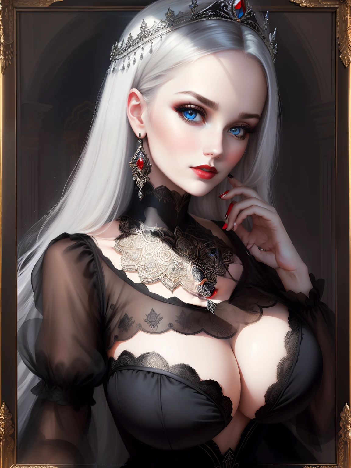 ((old painting portrait face and breast close up)) ((round ornamented frame)) woman beautiful face, big blue eyes, red lipstick, dark eyeshadows make up, long straight black hair, (pale skin), silver tiara, silver neck ornament, huge breast, slim figure, strapless dress, big cleavage, black dress, hand playing with hair, (master piece, intrincated details, reflex, photo reslistic, amazing lights and shadows) (8k) perfect eye, perfect face, inside dark room background