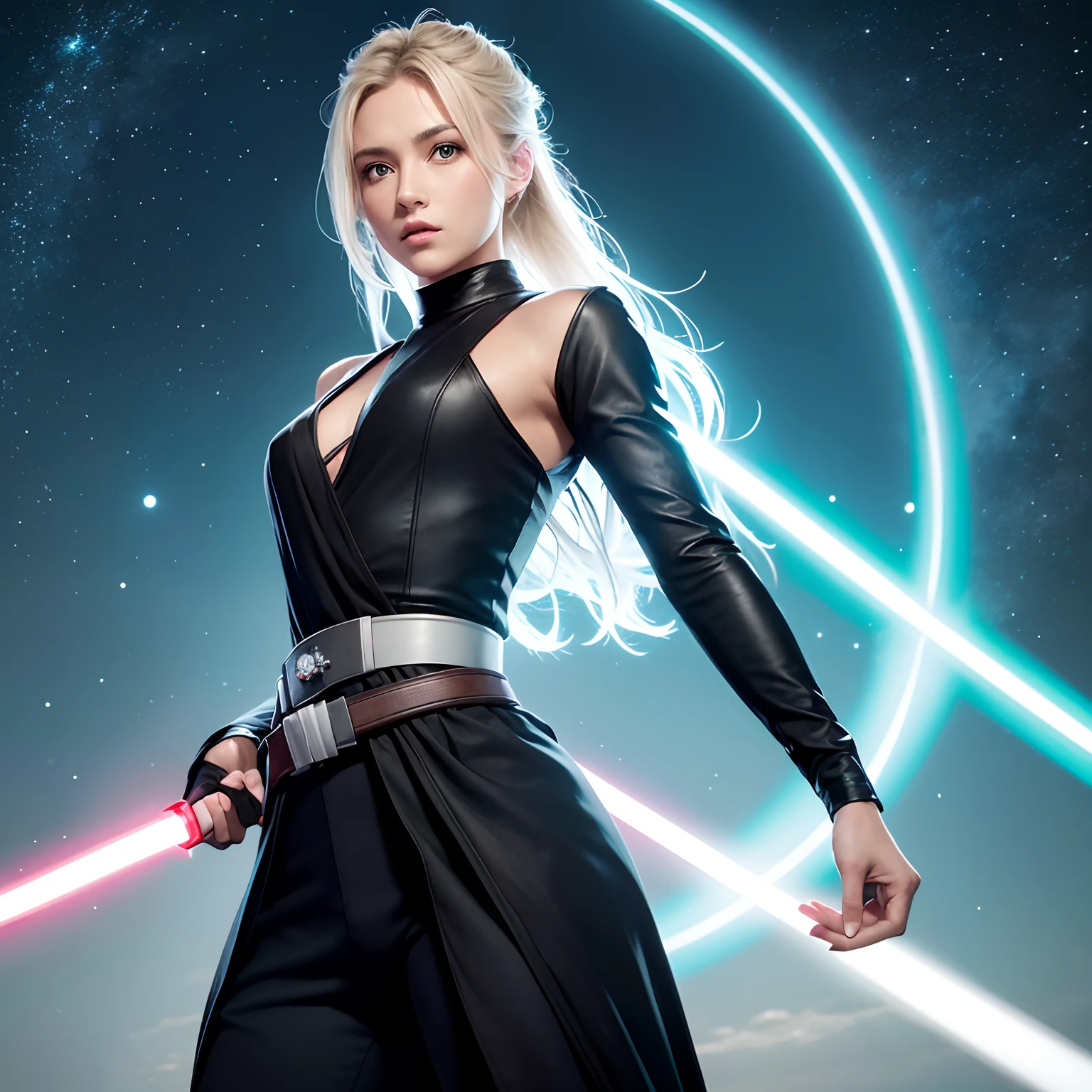 Illustrierte Charakterkonzeptzeichnung eines weiblichen menschlichen Jedi-Ritters, Krieg der Sterne, slender physique, wildes braunes geflochtenes Haar weht im Wind, Jedi-Roben und Tunika, black belt, with turquoise lightsabers, Highly detailed, Einspielung, Star Wars-Konzeptzeichnungen, Wild und frei