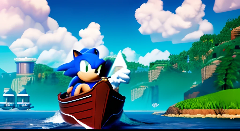 Create an image of Sonic the Hedgehog, the iconic blue video game character, standing confidently on the deck of a vintage steamer boat. The boat is chugging along a serene river, surrounded by lush green landscapes and a clear blue sky. Sonic is wearing a captain's hat and is posed with one hand on the boat's wheel, giving a thumbs-up to the viewer. The boat should have a classic, early 20th-century steamboat design, complete with paddle wheels and billowing white smoke from its chimney. The scene should capture Sonic's adventurous spirit as he takes on this new mode of transportation with his trademark speed and enthusiasm,