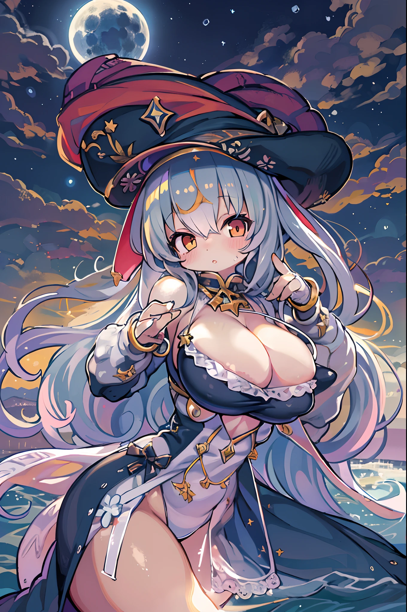 SeaArt Bot Upscaling SeaArt 2.1 01:09:06 Girls, looking at you, Face, High quality, Radiant, natta, red velvet,under big full moon、Looking up at the moon、fullmoon、((((huge-breasted)))),Chibi、Ultramammy、cleavage、mega boobs、
