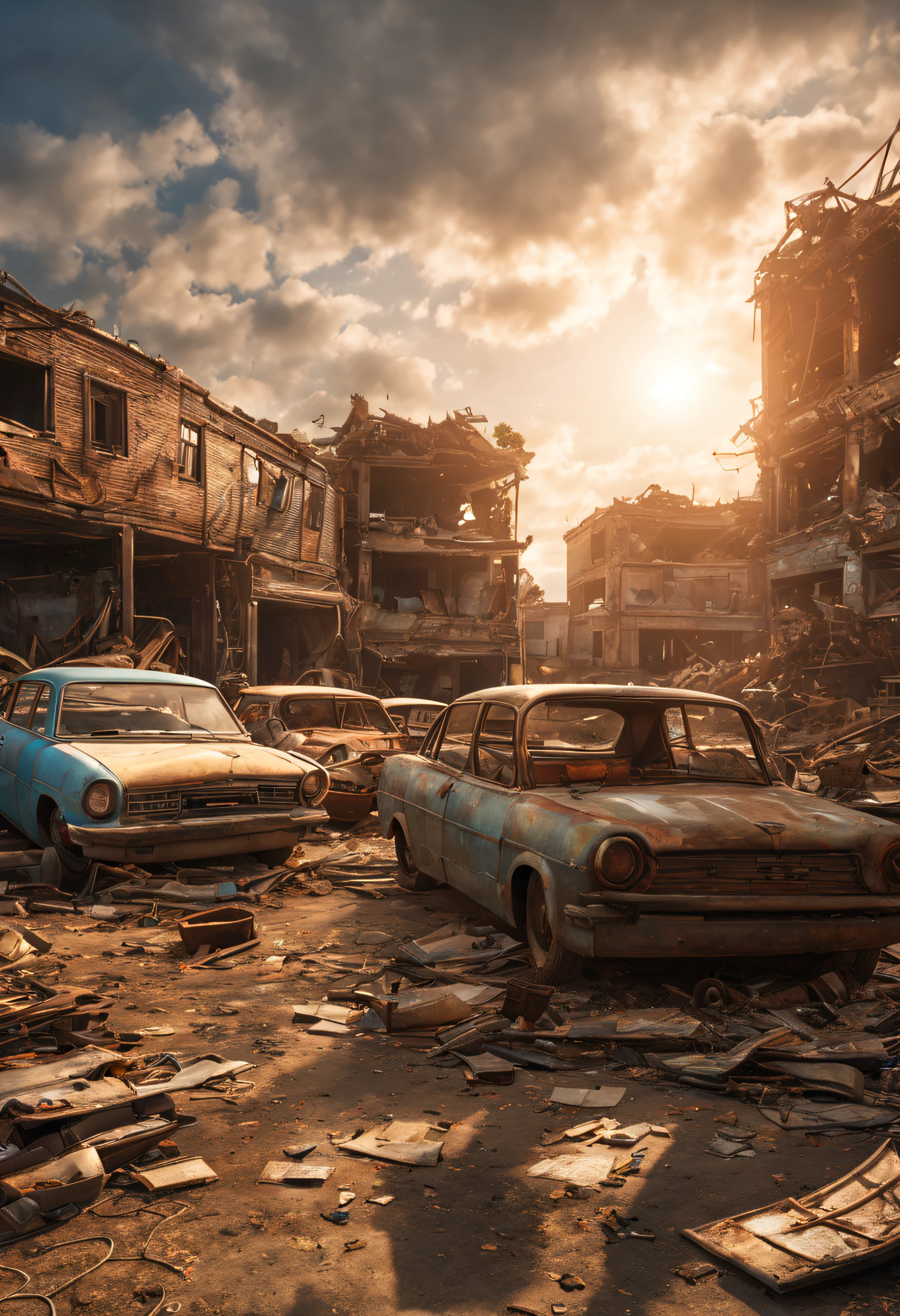 (best quality, HDR, ultra-detailed, realistic:1.37), the little boy in shabby clothes looked up at the sky, post-apocalyptic, 3D abandoned city, destroyed buildings, car graveyard, abandoned cars, vegetation next to buildings, abandoned vehicles strewn and stacked, dramatic sunset.