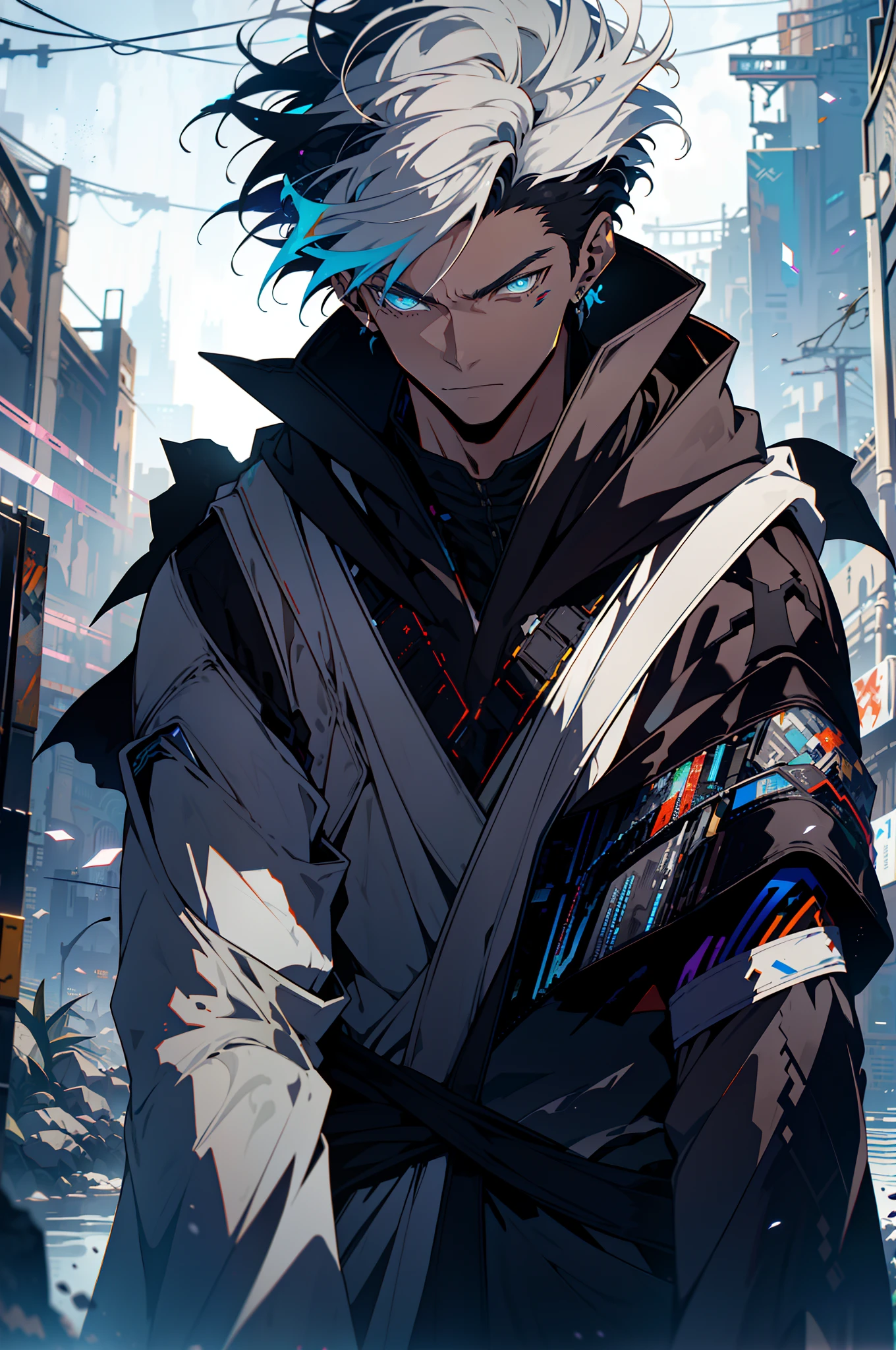 Cyberpunk male, fantasy world, dark background, clean design, epic instagram, artstation, colorful paint splatter, silhouette, hyper detailed intricate details, unreal engine, fantasy, intricate details, splash screen, complementary colors, Fantasy concept art, 8k resolution, deviantart masterpiece, oil painting, heavy strokes, paint dripping, (isolated on white background: 1.3), rainbow skin, (((handsome young man))), ((teenage:1.5) ), (glowing blue eyes), ((light eyes)), ((((short white hair: 1.1))), ((black clothes)), (prince\\(indifferent expression\\),, ( ((Wears high detail luxurious black robe))), white hair, frost magic, ((chest) --v 6