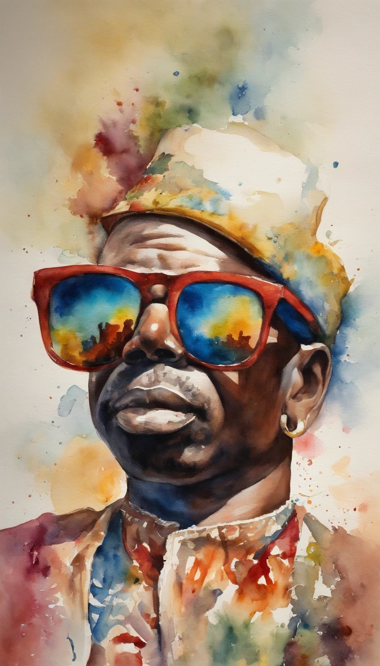 A mini me on top of my head, Black man in sunglasses in a painting, formato 1:1,