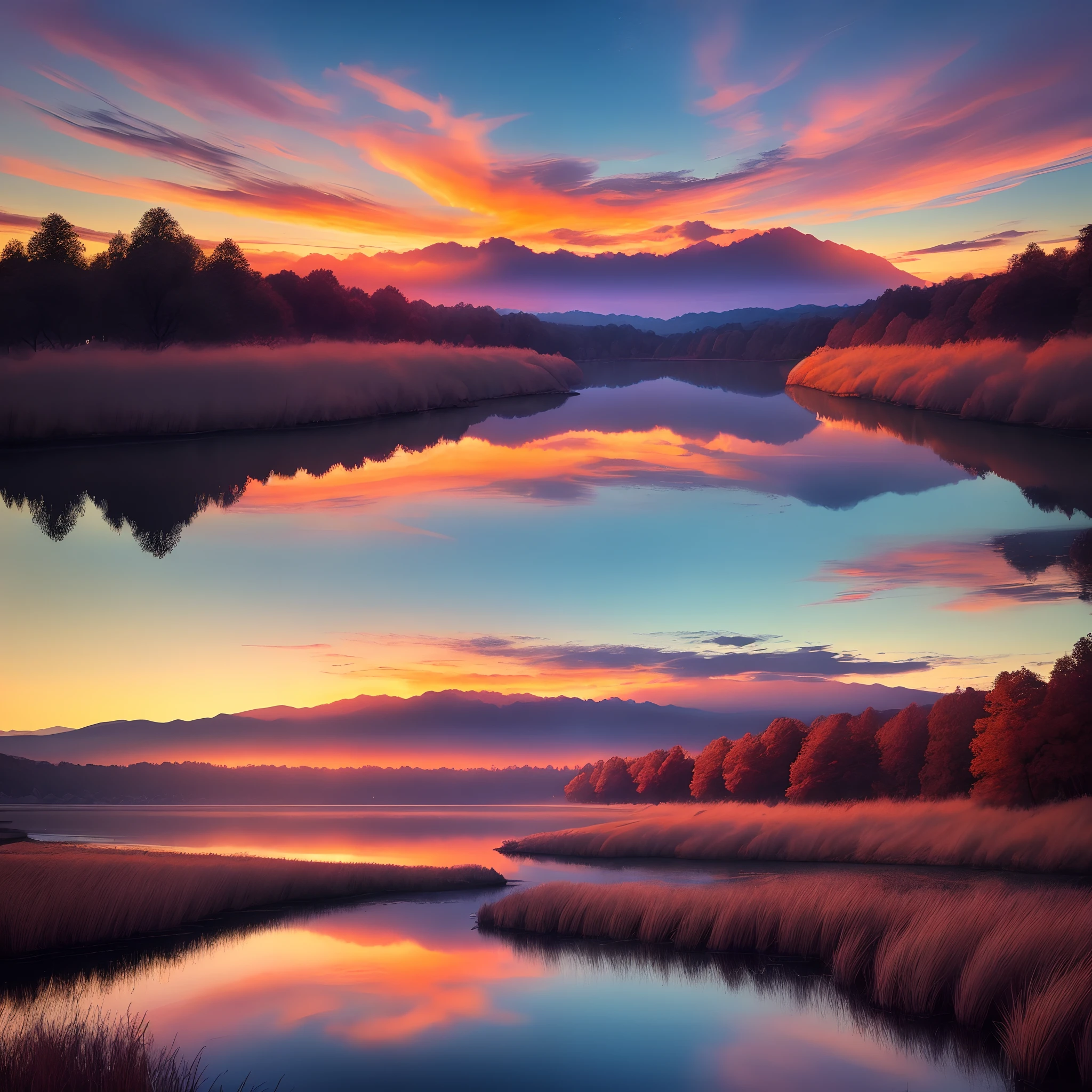 Had a beautiful sunset,Lakes and trees in the background,Colorful sky,Surreal colors,Colorful sunsets,Colorful sky,Marvelous sky reflections,stunning skies,Fantastic atmosphere 8K,Colorful flowing clouds,The color is reflected on the lake,surreal sky,Red and blue reflections,Fire reflection,beautiful sky,Beautiful and spectacular dusk,Beautiful Dreamy Landscape,Amazing sky。@331HQ5