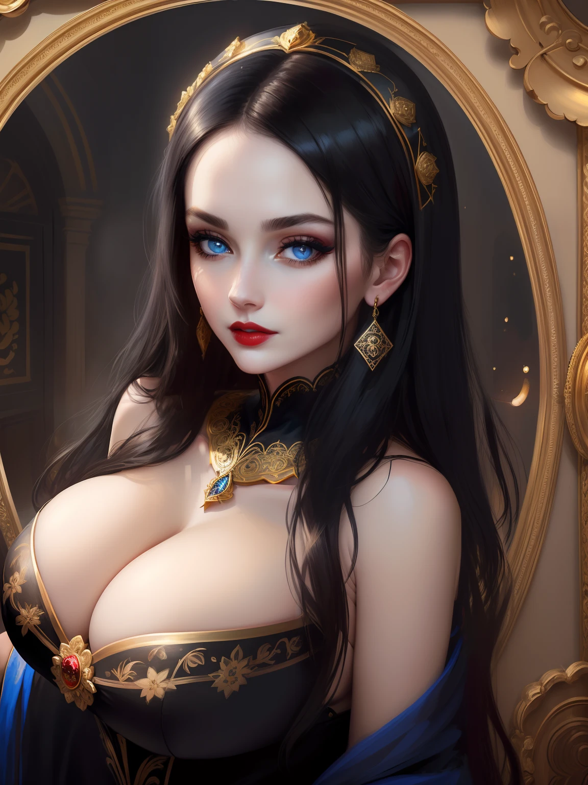 ((old painting portrait face and breast close up)) ((round ornamented frame)) woman beautiful face, big blue eyes, red lipstick, dark eyeshadows make up, long straight black hair, (pale skin), gold neck ornament, huge breast, slim figure, strapless dress, big cleavage, black dress, hand playing with hair, (master piece, intrincated details, reflex, photo reslistic, amazing lights and shadows) (8k) perfect eye, perfect face, inside dark room background