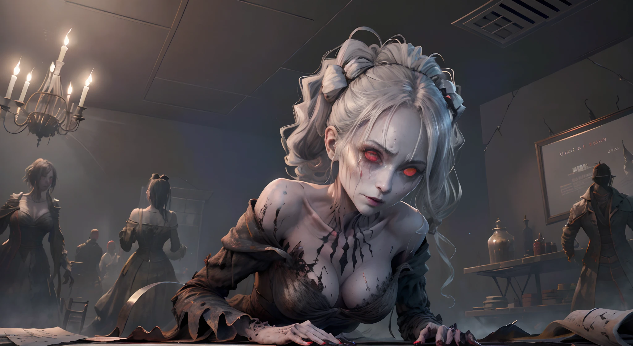A very pal humanoid character, aux yeux rouges, Elle est folle, Noix, horreur, Elle est effrayante, Elle est effrayante, Valeur de choc, very diabolical, Elle est maigre, evoke, Peur, terreur, terreur, pourrir, disgust, elle est psychopathe, Sombre, Exceptionnellement mince, mince, Scraggly, emaciated, tordu, effrayant, Malade, Background ruins, Blanc long_robe, gore, sanglant_mains, seulement, corps entier, (messy_long_Sombre_cheveux), Bosseler, Mauvais yeux, les yeux verts, fire in the background, (She wears a very dirty old torn_blanc_robe), psychopathe, lying in a very detailed coffin
