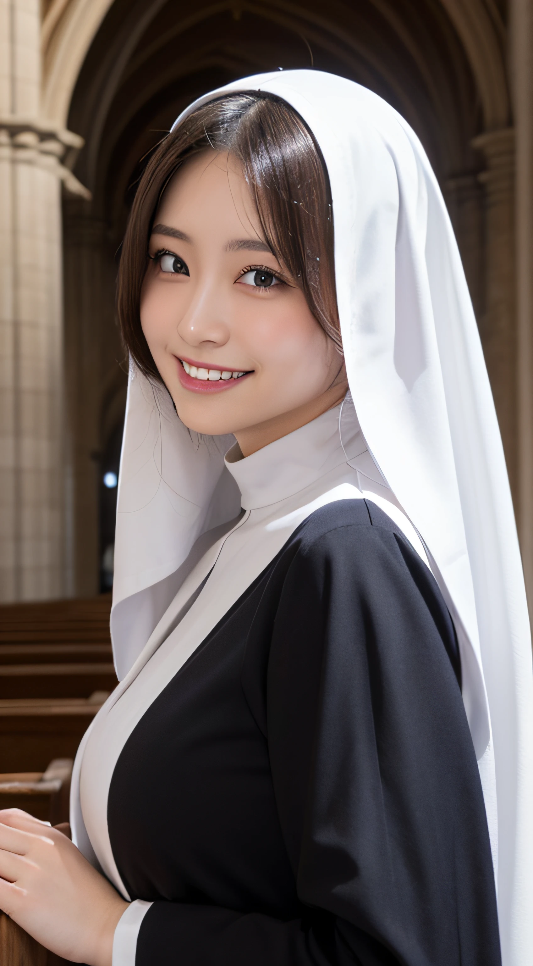 (masutepiece), Best Quality, Photorealsitic, finely detail, hight resolution, 8K Wallpapers, Perfect dynamic composition, Beautiful detailed eyes, Medium Hair, (Nun with cross and rosary in hand in cathedral), (Veiled nun), (Breast bulge 1.2), A smile, Open mouth、25-years old, (Drooping eyes 1.4), Adult beauty, Japanese.