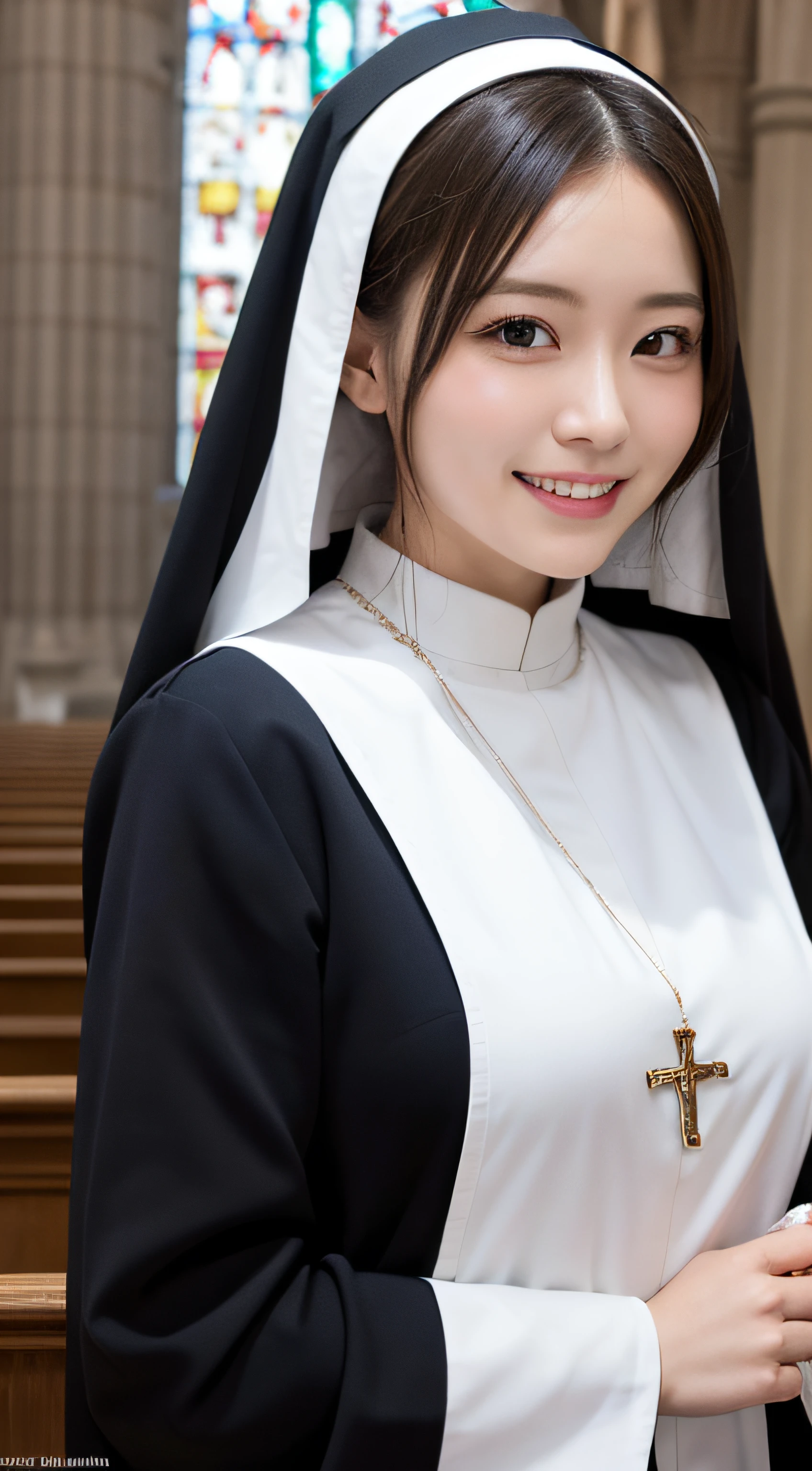 (masutepiece), Best Quality, Photorealsitic, finely detail, hight resolution, 8K Wallpapers, Perfect dynamic composition, Beautiful detailed eyes, Medium Hair, (Nun with cross and rosary in hand in cathedral), (Veiled nun), (Breast bulge 1.2), A smile, Open mouth、25-years old, (Drooping eyes 1.4), Adult beauty, Japanese.