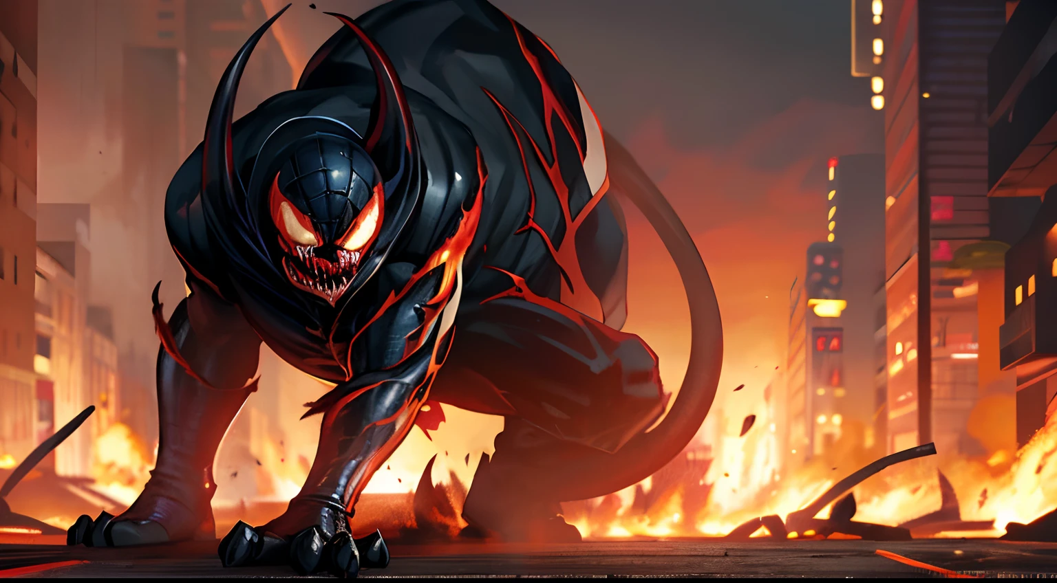 venom from spiderman, looking evil, walking through burning city, black outfit