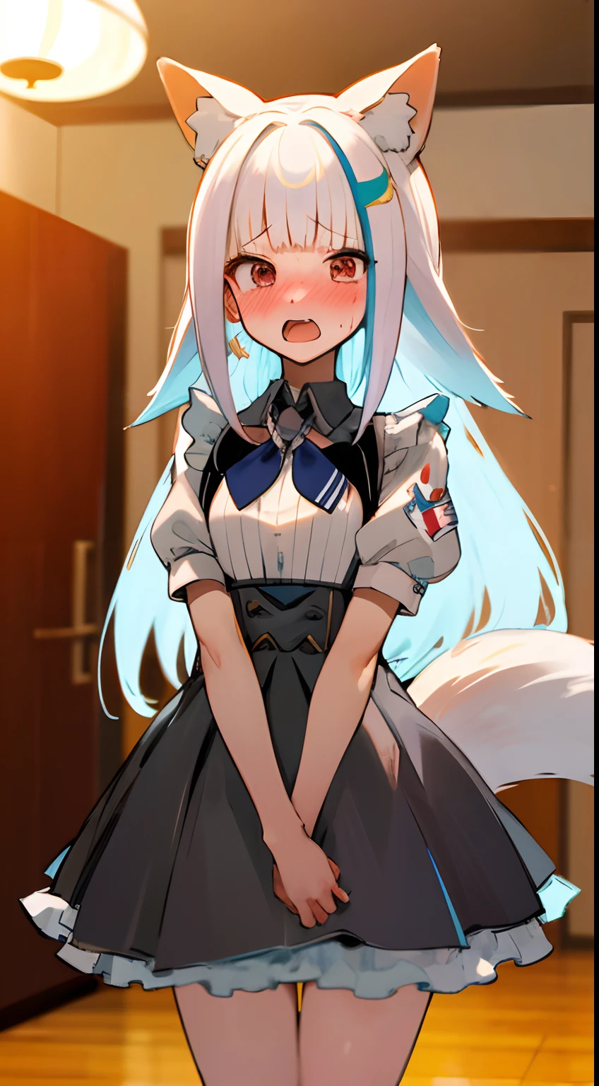 masterpiece, top quality, high resolution, 1girl, straight-on, detailed face, detailed eyes, standing, solo, open mouth, embarrassed, blush, maid costume, maid, mini skirt, short skirt, red cheeks, lineart, indoor, blush, open mouth, embarrassed, arms in chest, cat pose, moe pose, ear blush, looking at viewer, fox ear, fox tail, long hair,