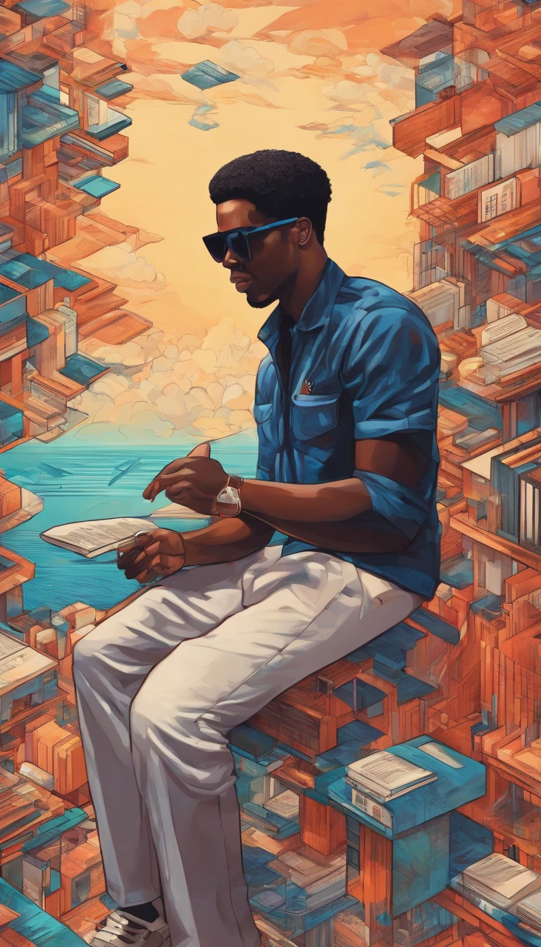 A mini me on top of my head, Black man in sunglasses in a painting, formato 1:1,