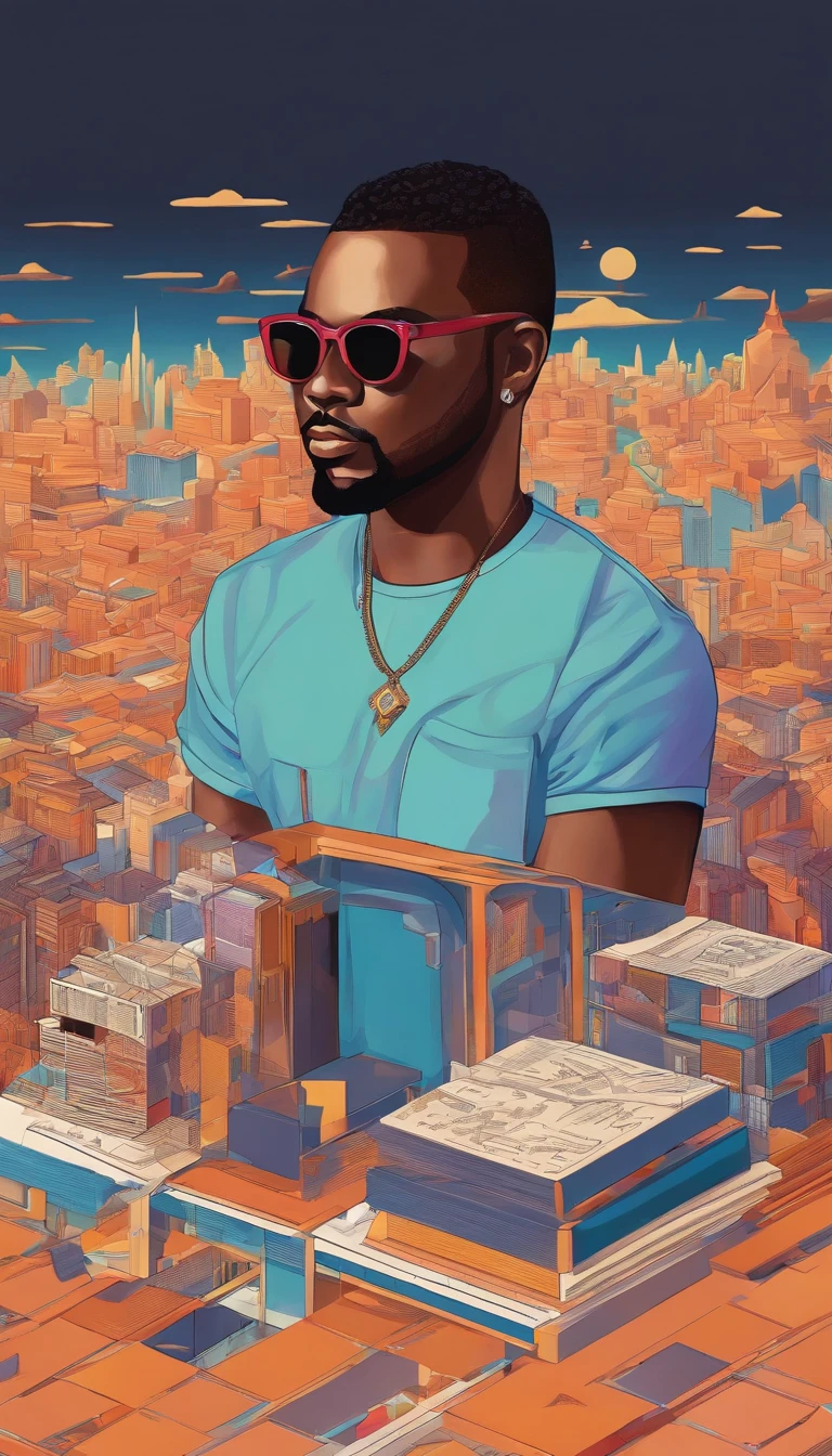 A mini me on top of my head, Black man in sunglasses in a painting, formato 1:1,