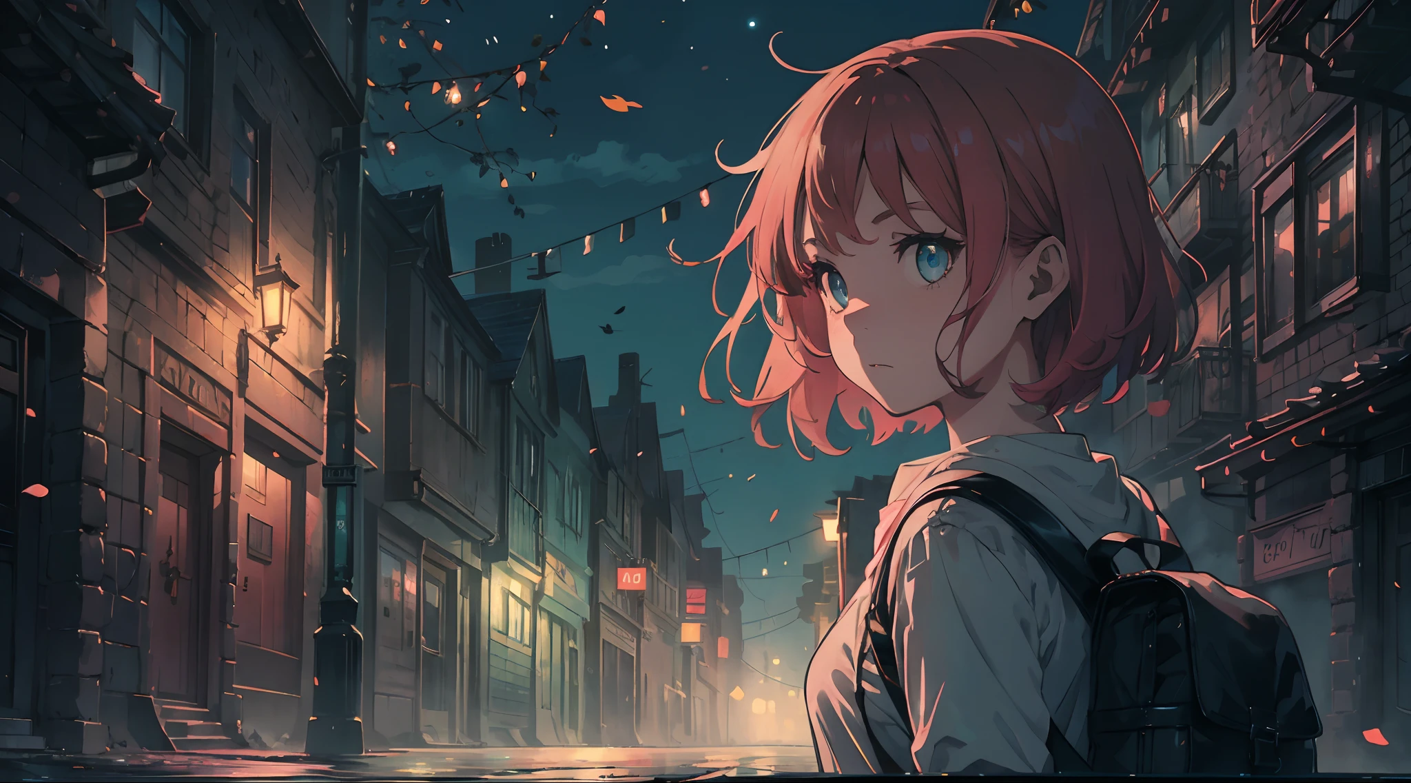 A young girl with long orange-pink hair and blue eyes, carrying a backpack walking down a deserted street, in the middle of the night with long shadows on it. Emily looks over her shoulder, her eyes wide with fear, as if she senses a presence behind her. At night. A dimly lit street with flickering street lights, and long shadows create an eerie atmosphere. Deserted street, long shadows. The street lights start flashing. Tree branches sway. Violently, the leaves rustle in the wind, creating an unsettling sound. At night. Emily's head turns sharply, her gaze darting from side to side, searching for any sign of danger.Attractive body