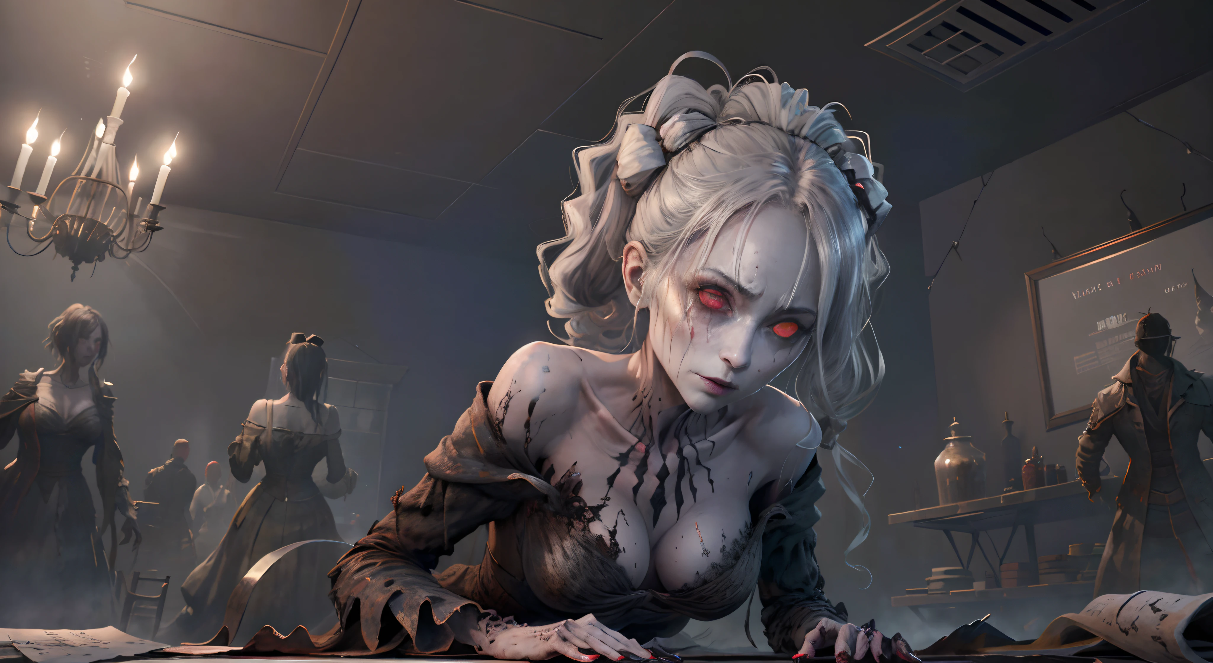 A very pal humanoid character, aux yeux rouges, Elle est folle, Noix, horreur, Elle est effrayante, Elle est effrayante, Valeur de choc, very diabolical, Elle est maigre, evoke, Peur, terreur, terreur, pourrir, disgust, elle est psychopathe, Sombre, Exceptionnellement mince, mince, Scraggly, emaciated, tordu, effrayant, Malade, Background ruins, Blanc long_robe, gore, sanglant_mains, seulement, corps entier, (messy_long_Sombre_cheveux), Bosseler, Mauvais yeux, les yeux verts, fire in the background, (She wears a very dirty old torn_blanc_robe), psychopathe, lying in a very detailed coffin