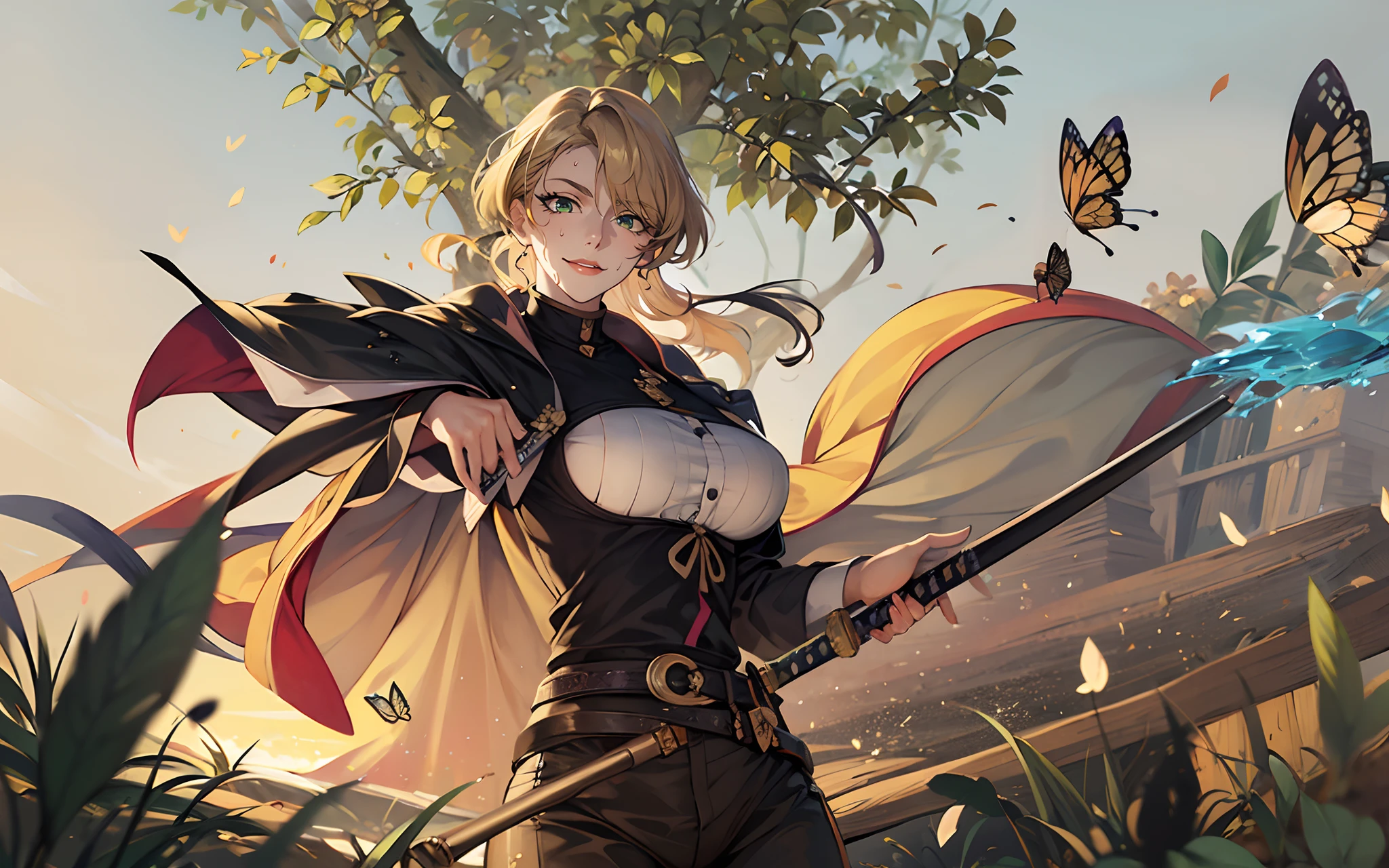 (blonde hair:1.4), detailed background, butterfly, insect, bug, blue_butterfly, butterfly_hair_ornament,1girl, belt, animal_print, torn_clothes, haori, butterfly_print, katana, solo, breasts, japanese_clothes, wide_sleeves, long_sleeves, pants, black_pants, looking_at_viewer, flower, lips, coat, jacket, sheath, uniform, black_legwear, large_breasts, water