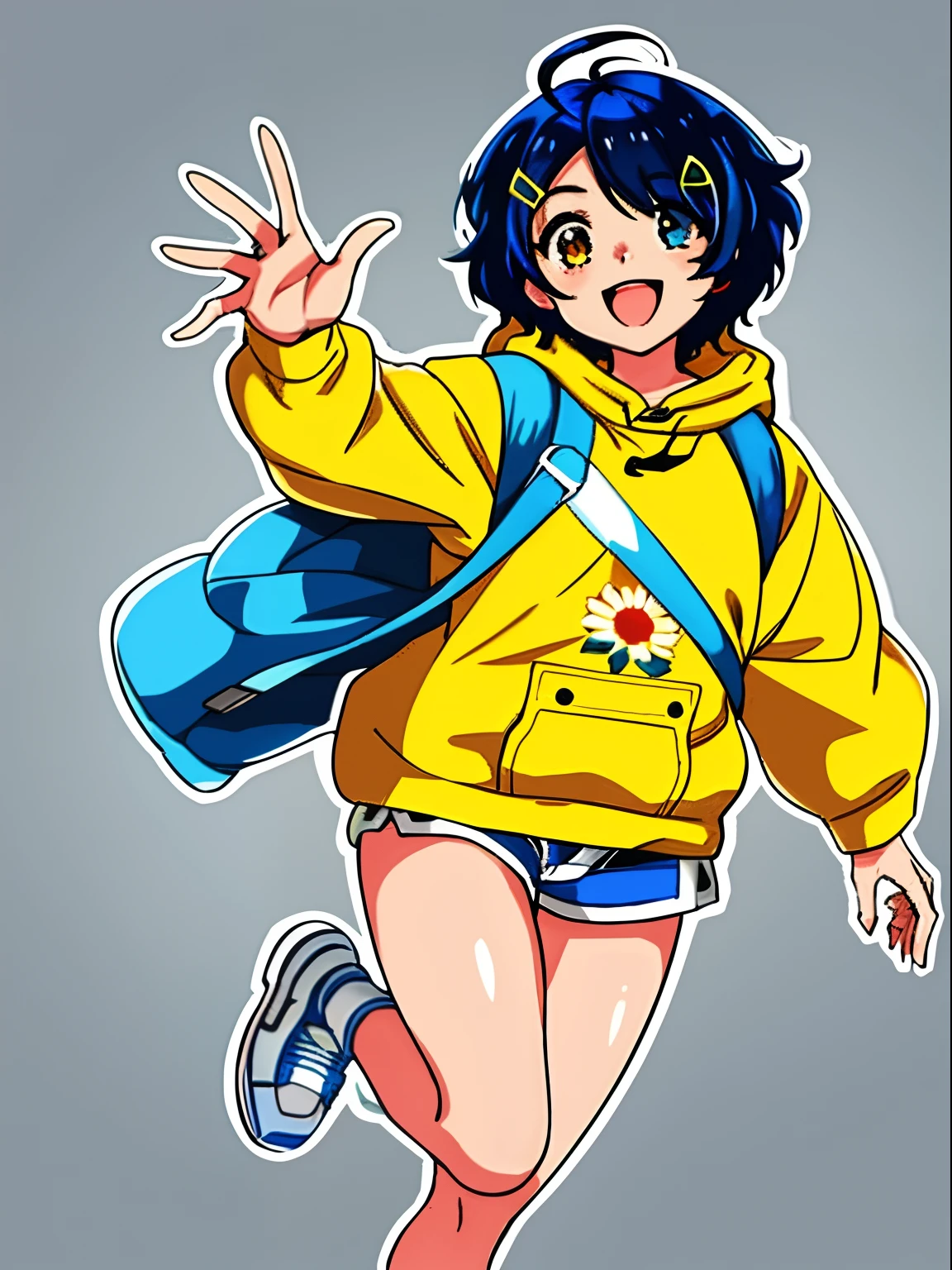 (best-quality:1), (best-quality:1), perfect anime illustration, extreme closeup portrait of a pretty girl, 1girl, solo, blue_hair, short_hair, hair_ornament, ahoge, hairclip, heterochromia, blue_eyes, yellow_eyes, hood, hoodie, yellow_hoodie, shoes, shorts, hood down, blue_shorts, sticker, white outline, gray background, 1girl, cheek pull, puffy cheeks, smile, running, waving hand, good detailed hands with 5 fingers both