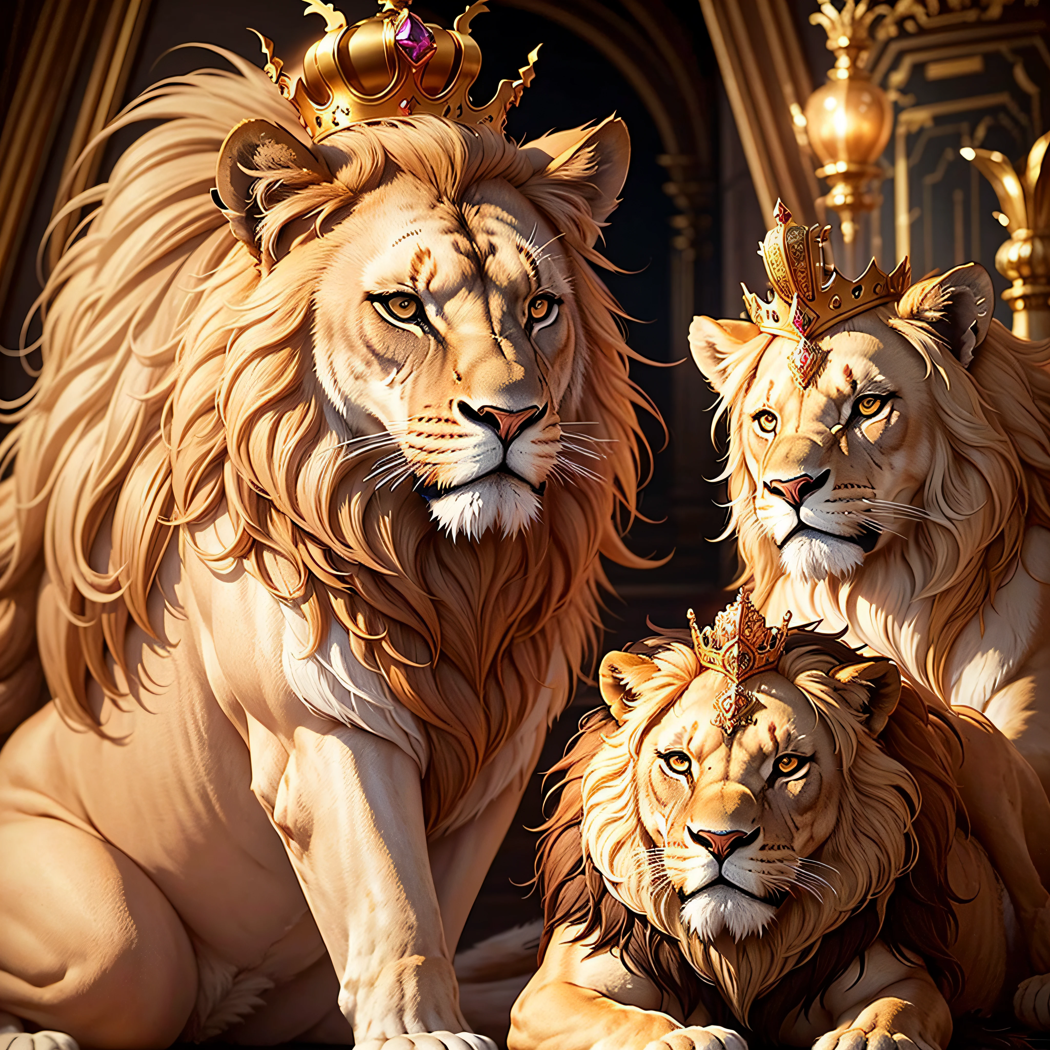 Draw a majestic lion with a royal crown adorned on its head. Make the lion exude power and elegance, while the crown enhances his royalty. As cores devem refletir a nobreza e a grandiosidade deste animal selvagem."