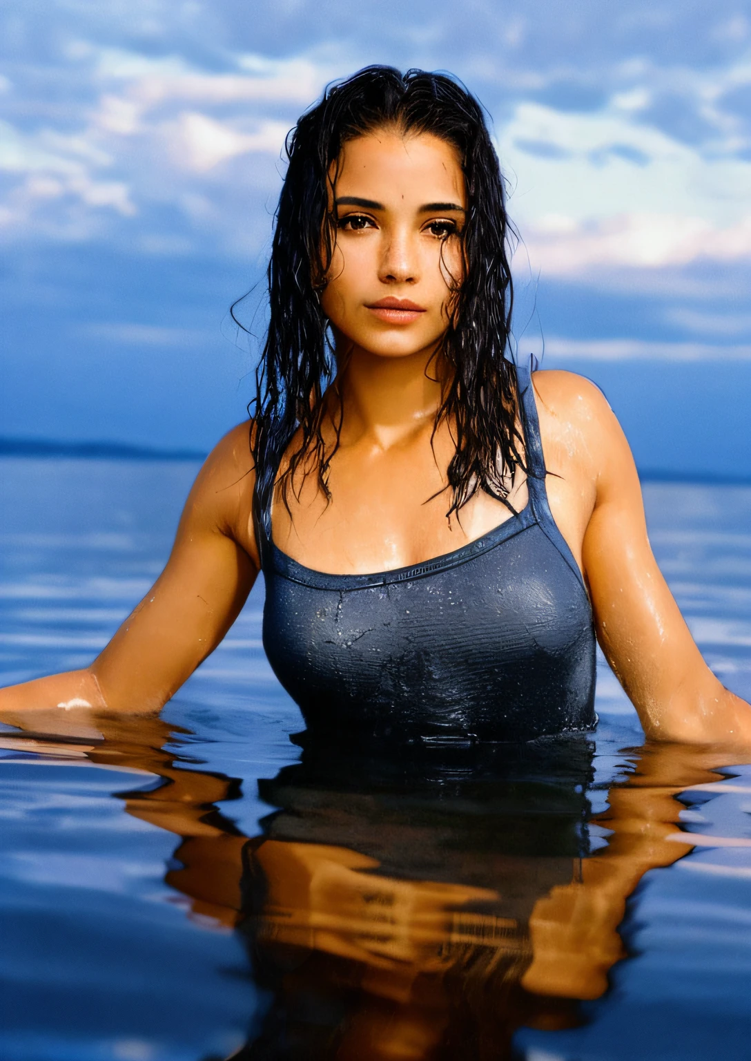 Woman in water up to shoulders, pele molhada, in the water, in water, pele molhada e cabelo soprado pelo vento, , olhar molhado, pele suada e molhada, camiseta molhada, wet swimsuit, em um lago