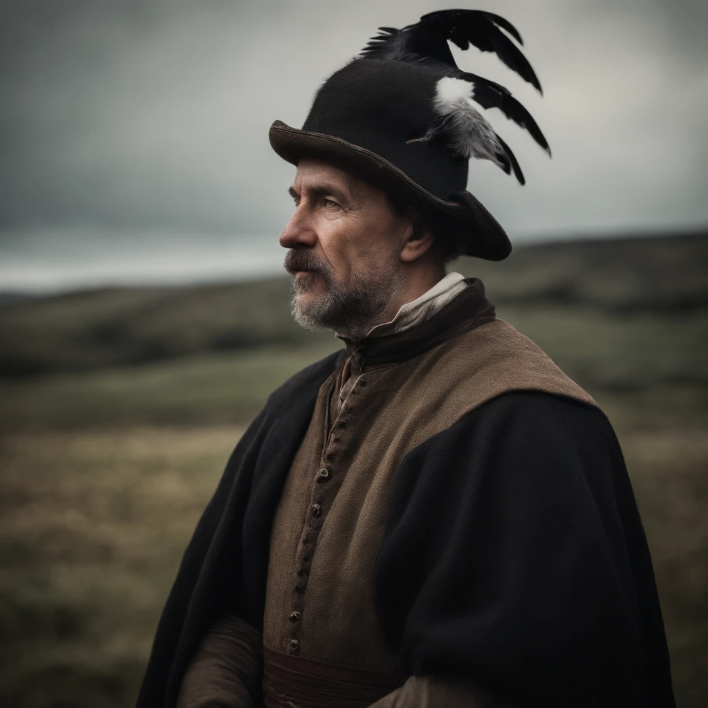 A man with a crow's head in place of his ordinary head in medieval-style peasant clothing