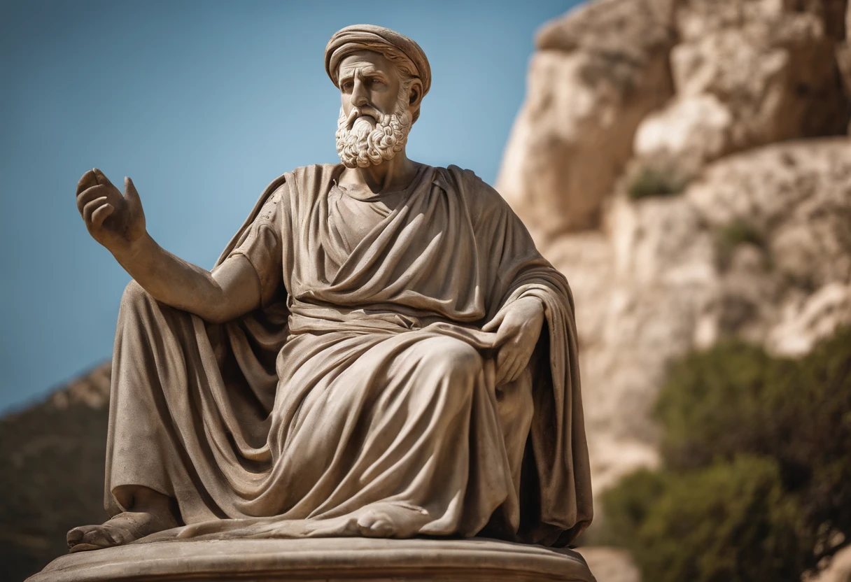 wise man, Stoic statue, cinza, antiga, Greece, observando, cidade abaixo