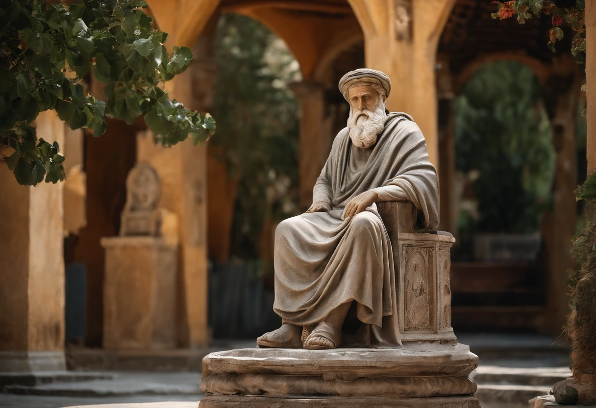 wise man, Stoic statue, cinza, antiga, Greece, observando, cidade abaixo