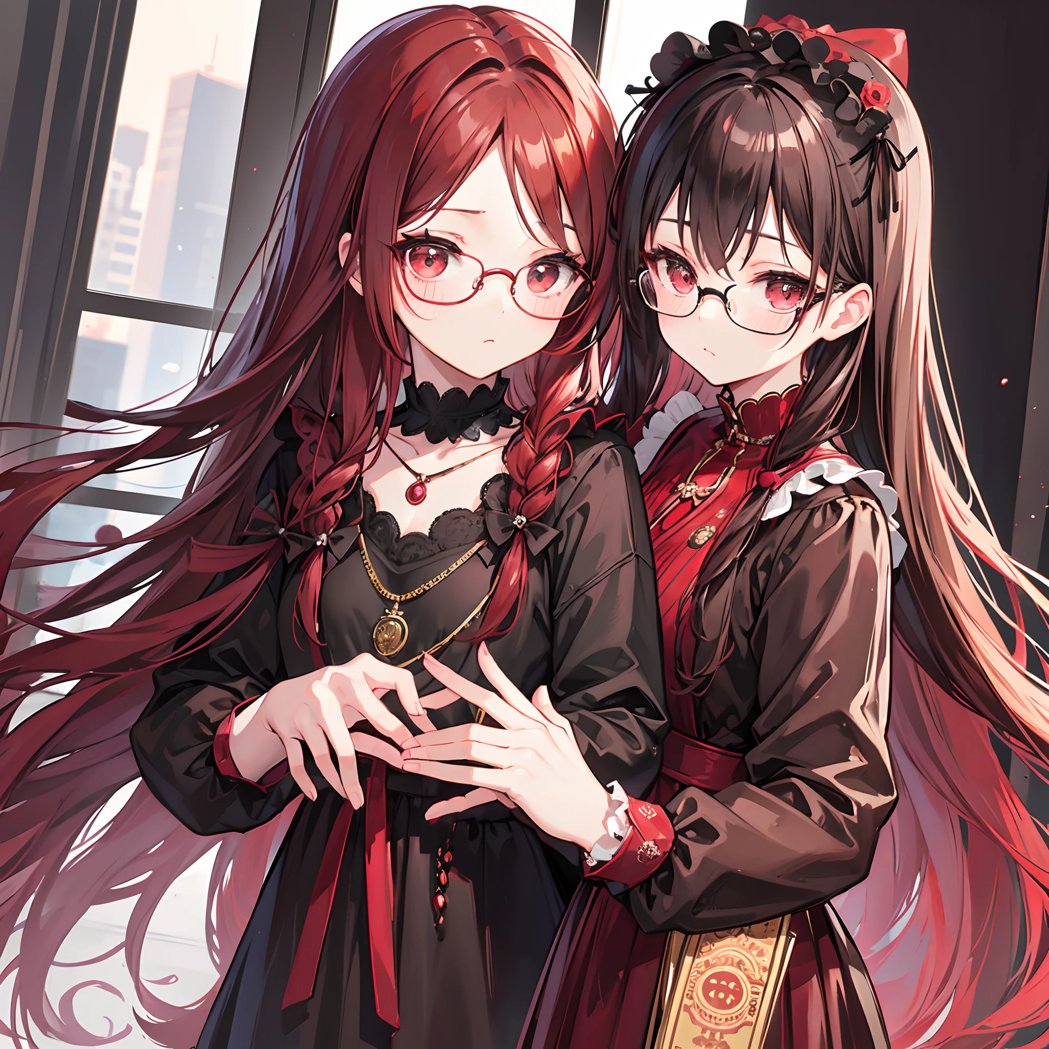 Reddish brown braided hair,With thick black-framed glasses,The eyes are very affectionate,With a cute black ring necklace,Lolita clothes in brown and red colors,The face is shiny and super tender,is a petite cute little sweet girl