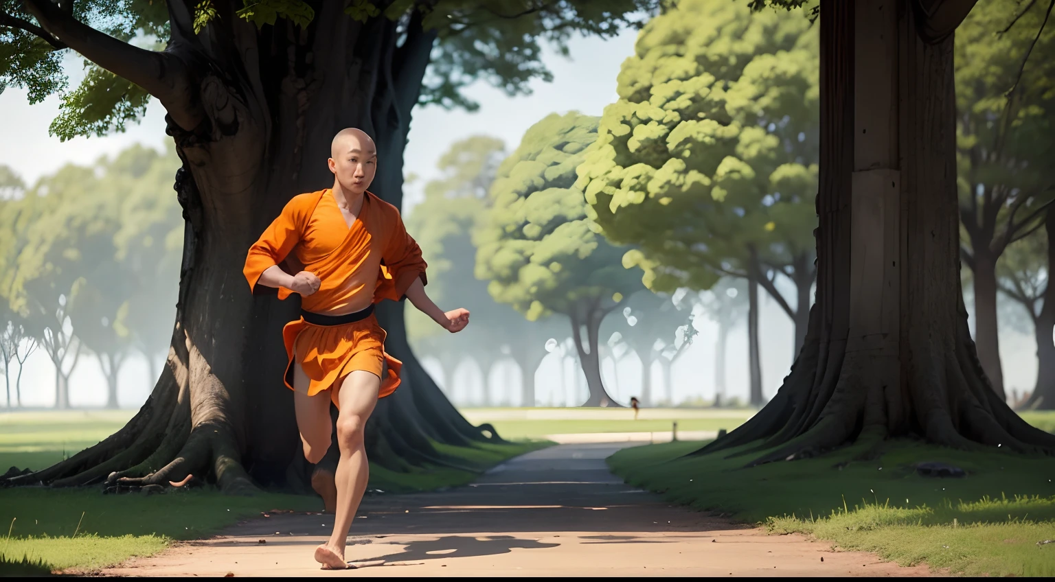 a young monk wearing orange shaolin running barefoot running towards a big tree