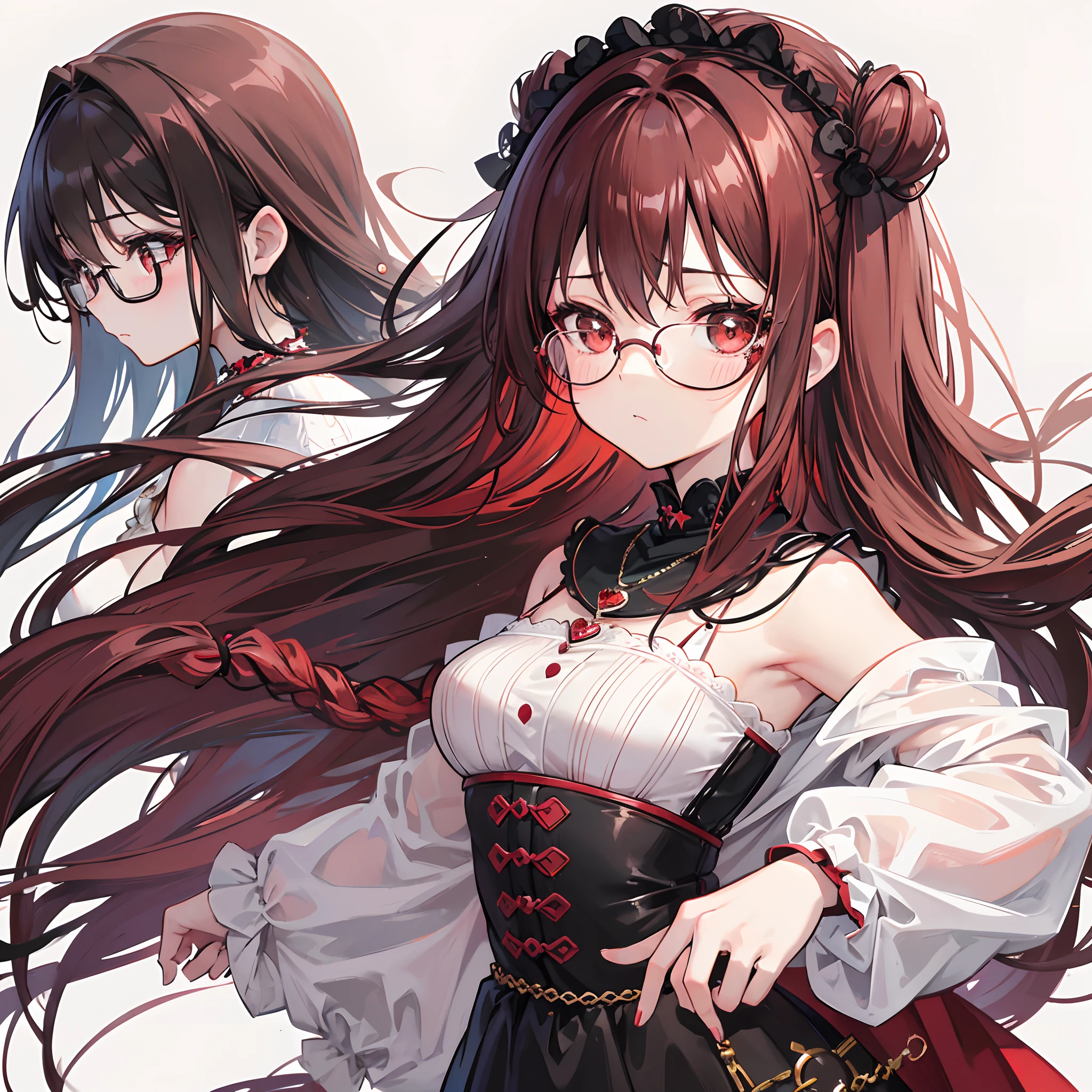 Reddish brown braided hair，With thick black-framed glasses，The eyes are very affectionate，With a cute black ring necklace，Lolita clothes in brown and red colors，The face is shiny and super tender，is a ite cute liteet girl