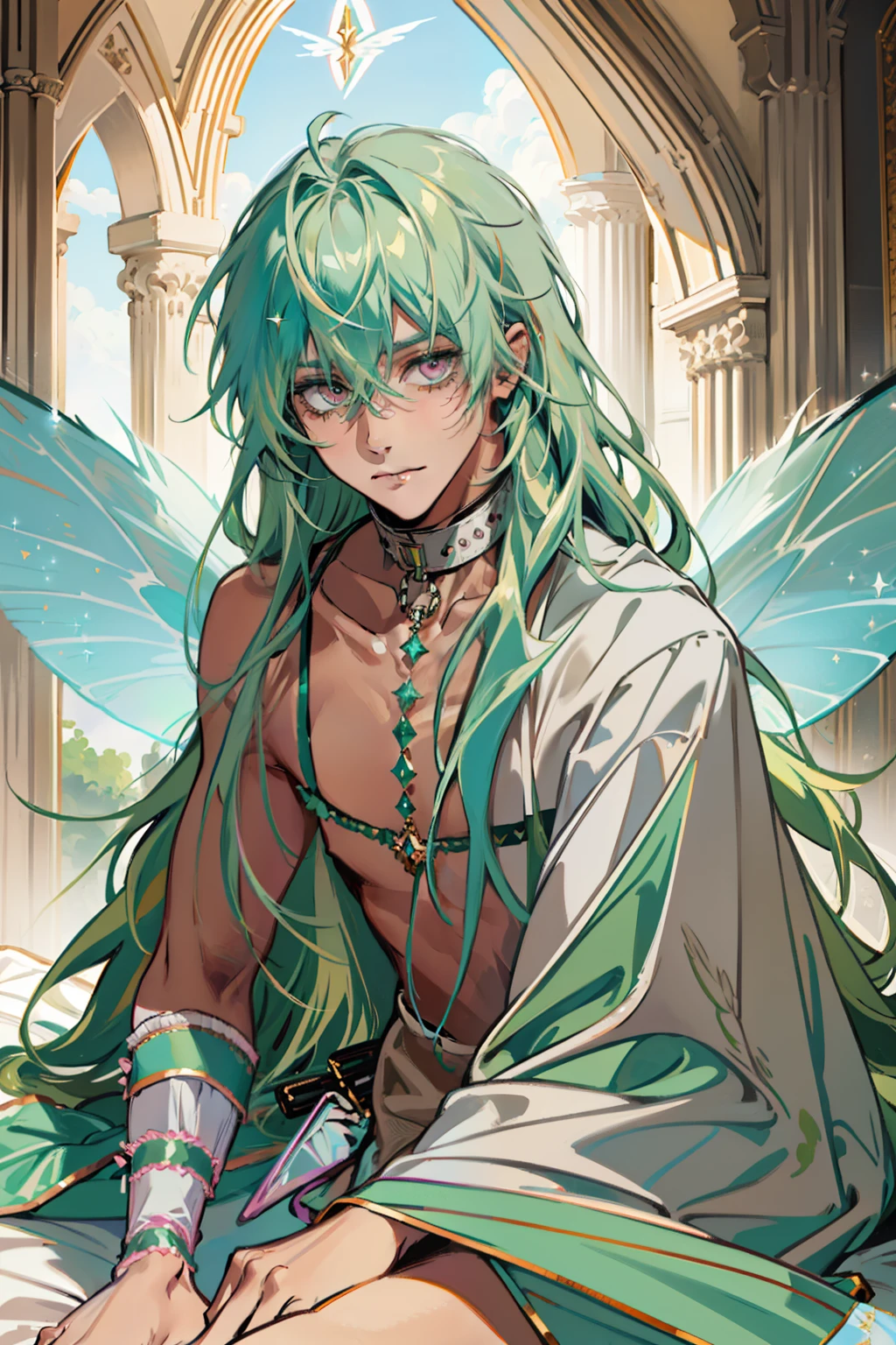 1 male, solo, masterpiece, best quality, (grin, looking back:0.5), (light green hair, long hair, fluffy hair:1.2), pink eyes, tan skin, (, partially wrapped in blankets, sitting in bed), collar, animal collar, leather collar, bedroom, Middle Ages, fantasy, (fairy wings, large wings, light blue green wings, white wings, sparkle wings)