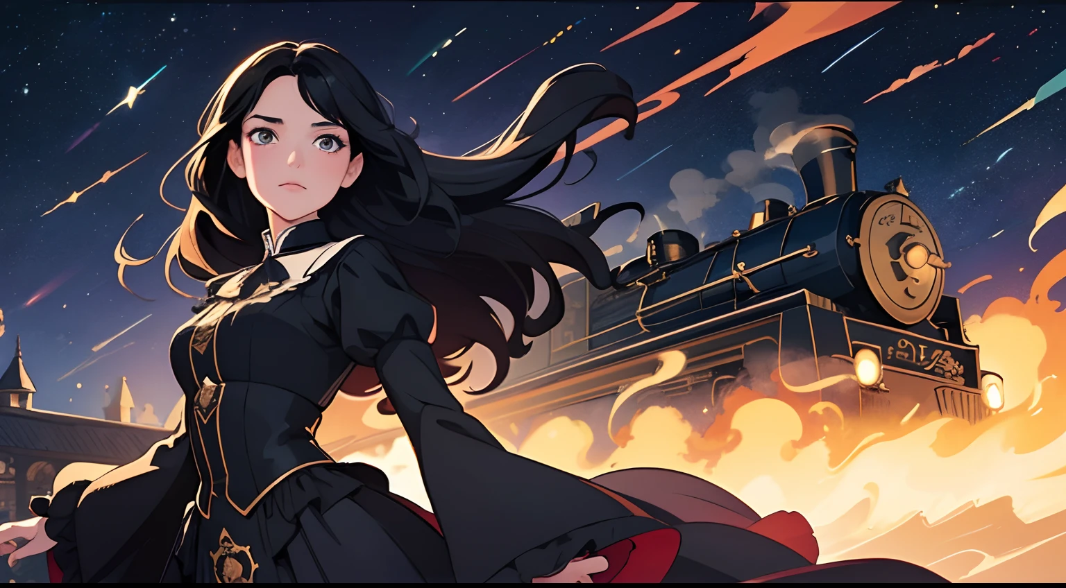 beautiful and asethetic, masterpiece, movie poster, best quality, drawing of a of a long black haired woman with a high collared black long sleeved victorian dress dramatic pose in front of a steam train, celestial, stars, bright colors, abstract, by james jean style, fantastical elements
