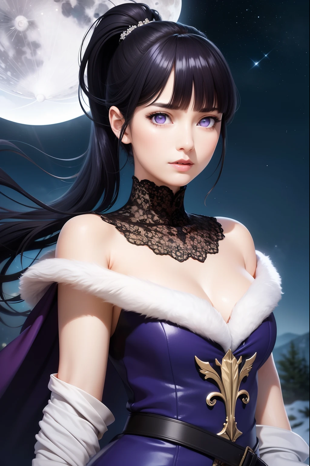 masterpiece, (best quality:1.2), (ultra-detailed:1.2), illustration, (an extremely delicate and beautiful:1.2),cinematic angle,floating, (beautiful detailed eyes:1.1), (detailed light:1.1),cinematic lighting, beautifully detailed sky, women,medium curly dark blue hair, purple eyes, (high ponytail:1.1), cloak, glowing eyes, (moon:1.2), (moonlight:1.1), starry sky, (lighting particle:1.1), fog, snow painting, sketch, bloom,Blunt Bangs