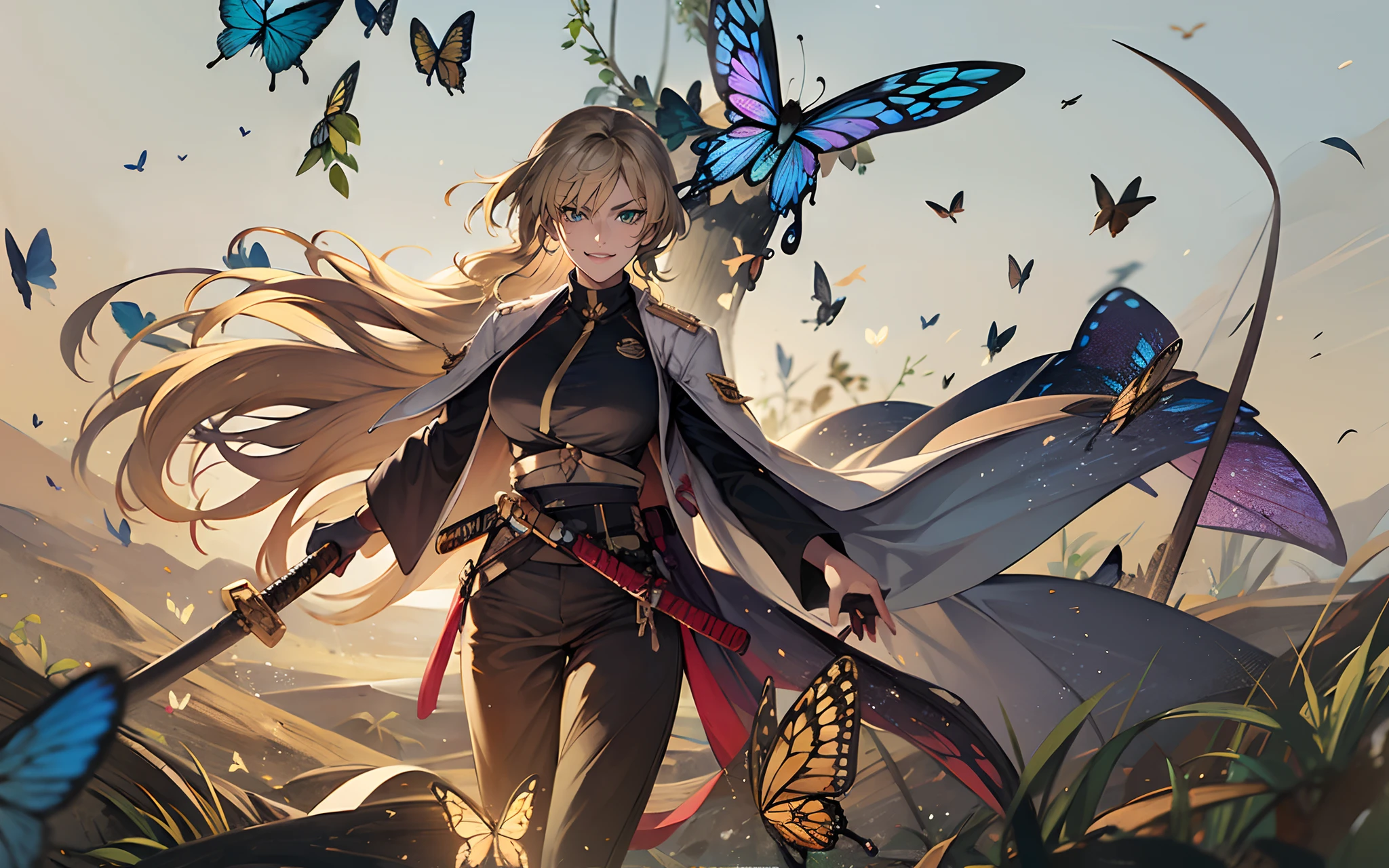 (blonde hair:1.4), detailed background, butterfly, insect, bug, blue_butterfly, butterfly_hair_ornament,1girl, belt, animal_print, torn_clothes, haori, butterfly_print, katana, solo, breasts, japanese_clothes, wide_sleeves, long_sleeves, pants, black_pants, looking_at_viewer, flower, lips, coat, jacket, sheath, uniform, black_legwear, large_breasts, water