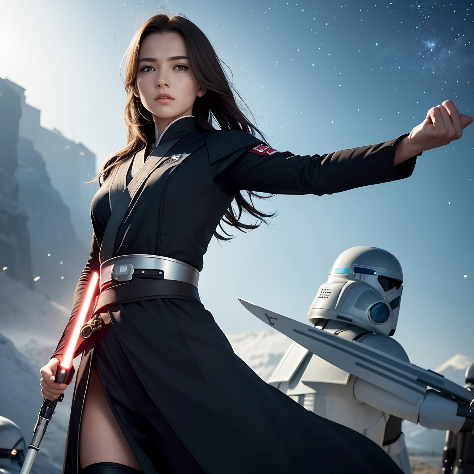 Illustrierte Charakterkonzeptzeichnung eines weiblichen menschlichen Jedi-Ritters, Krieg der Sterne, slender physique, wildes braunes geflochtenes Haar weht im Wind, Jedi-Roben und Tunika, black belt, with turquoise lightsabers, Highly detailed, Einspielung, Star Wars-Konzeptzeichnungen, Wild und frei