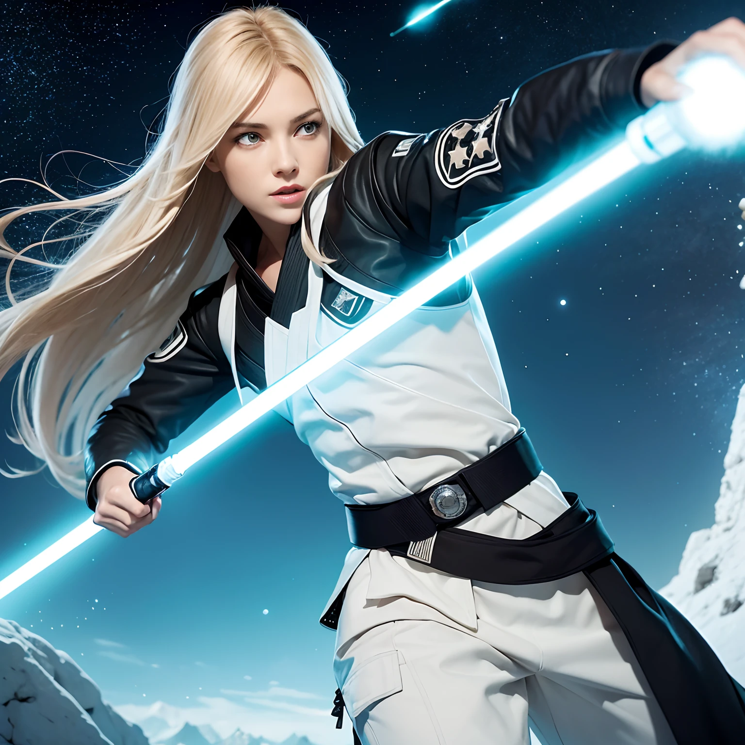 Illustrierte Charakterkonzeptzeichnung eines weiblichen menschlichen Jedi-Ritters, Krieg der Sterne, slender physique, wildes braunes geflochtenes Haar weht im Wind, Jedi-Roben und Tunika, black belt, with turquoise lightsabers, Highly detailed, Einspielung, Star Wars-Konzeptzeichnungen, Wild und frei