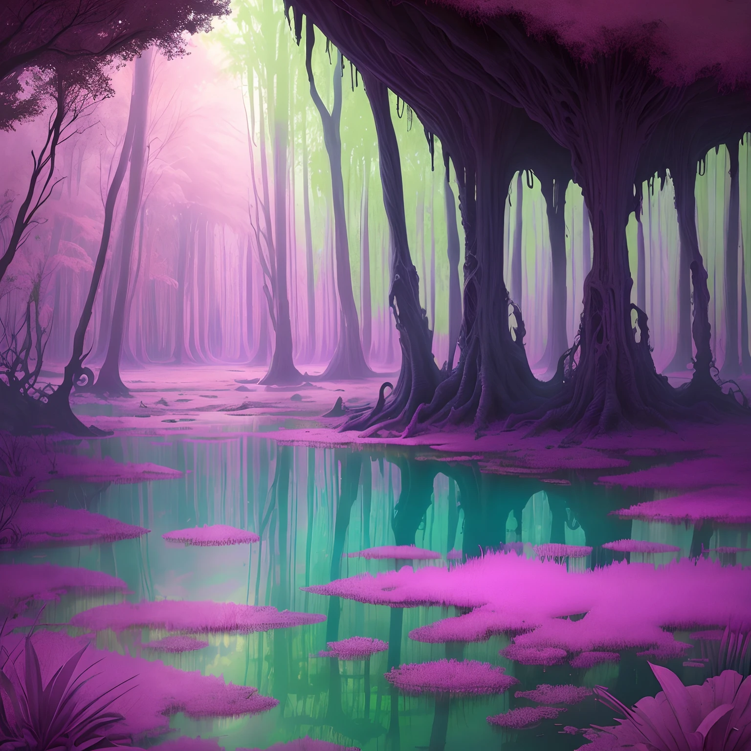 Alien planet, scenic, swampy, fauna, magical colors, scenery, vacation venue, pink, landscape, purple, plains