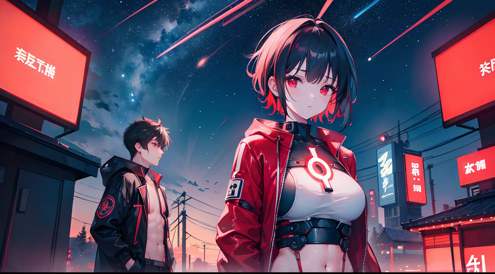 1girl, 1boy, handjob, short hair, red eyes, tummy, nature, Japan, neon, glow, colourful, night, starry sky, cyberpunk, sci fi, absurdres, high res, ultrasharp, 8k, masterpiece