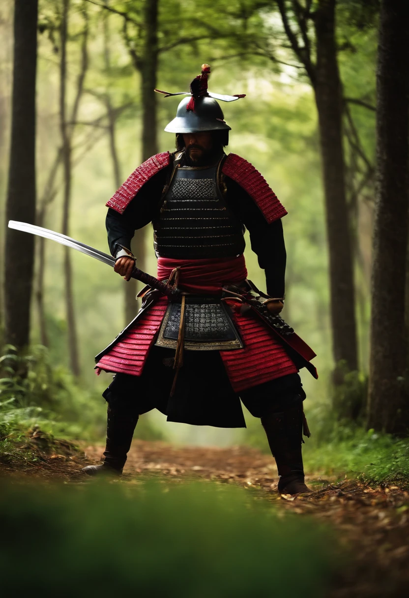 crie um wallpaper de um samurai em um campo de batalha segurando sua katana e vestindo uma armadura pesada