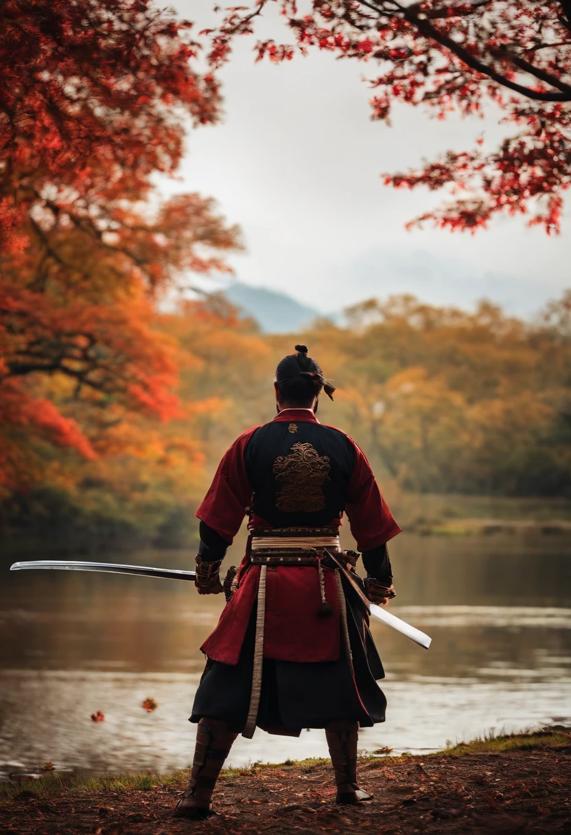 crie um wallpaper de um samurai em um campo de batalha segurando sua katana e vestindo uma armadura pesada