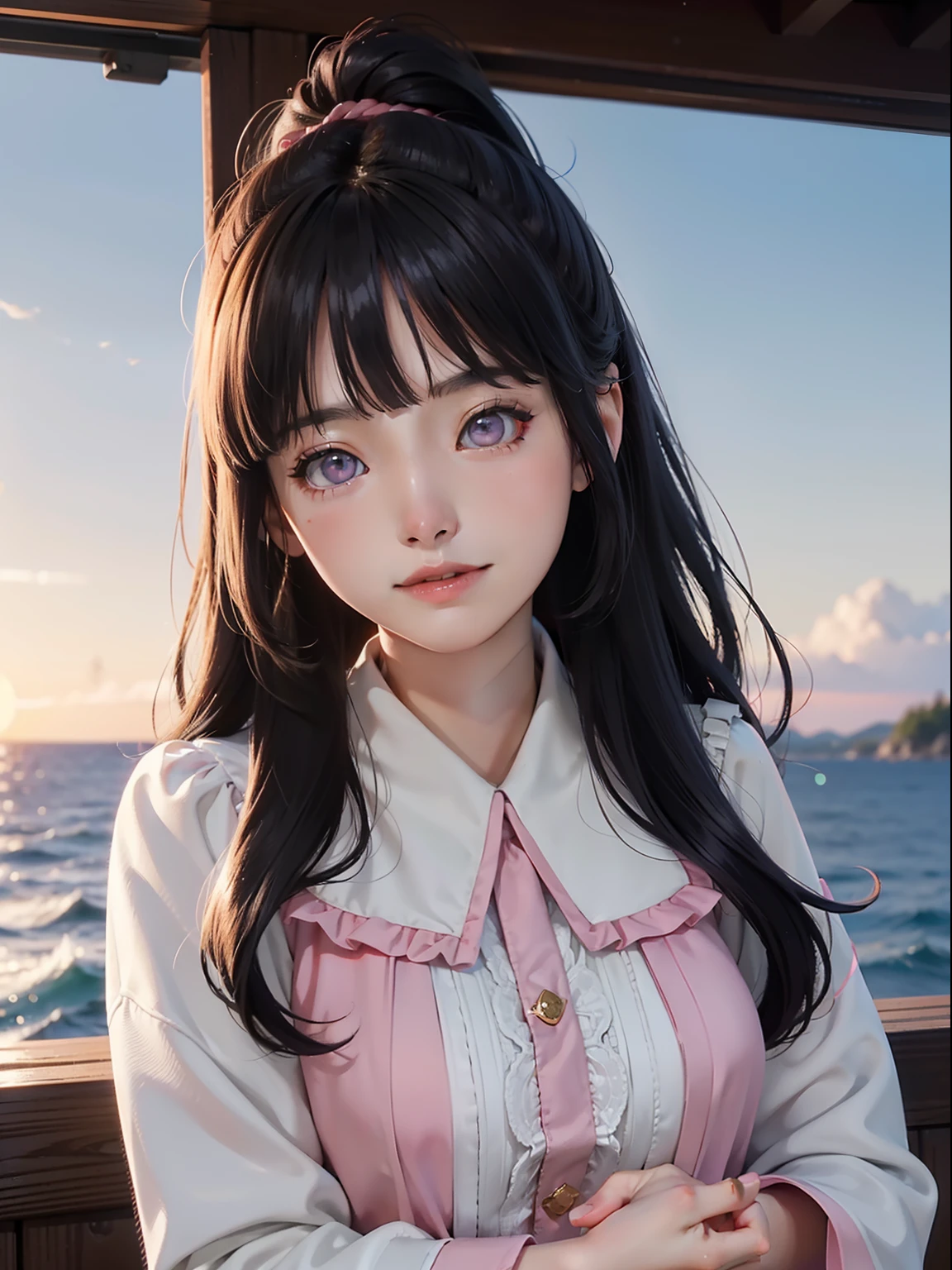 Blunt bangs、A dark-haired、tongue、Huza、put out the tongue、Ahegao ( Silly / Sexual ecstasy)、Black Maid Clothes、Underworld、Photorealsitic, hight resolution, 1 rapariga, Korea person, Heterochromia eyes, small moles under eyes,、Beach、plein air、hime-cut、pier、Ahegao